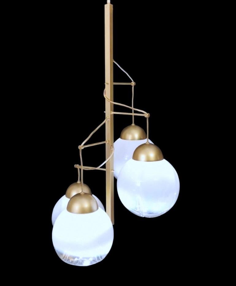 Mazzega Attributed Satin-Finished Brass and Murano Glass Chandelier For Sale 1