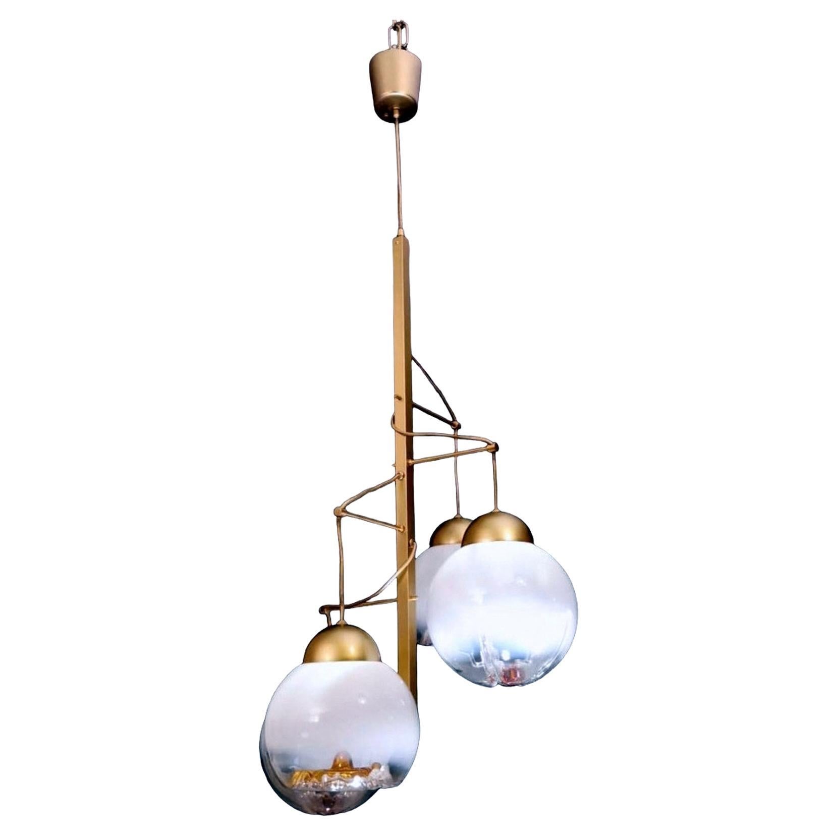 Mazzega Attributed Satin-Finished Brass and Murano Glass Chandelier
