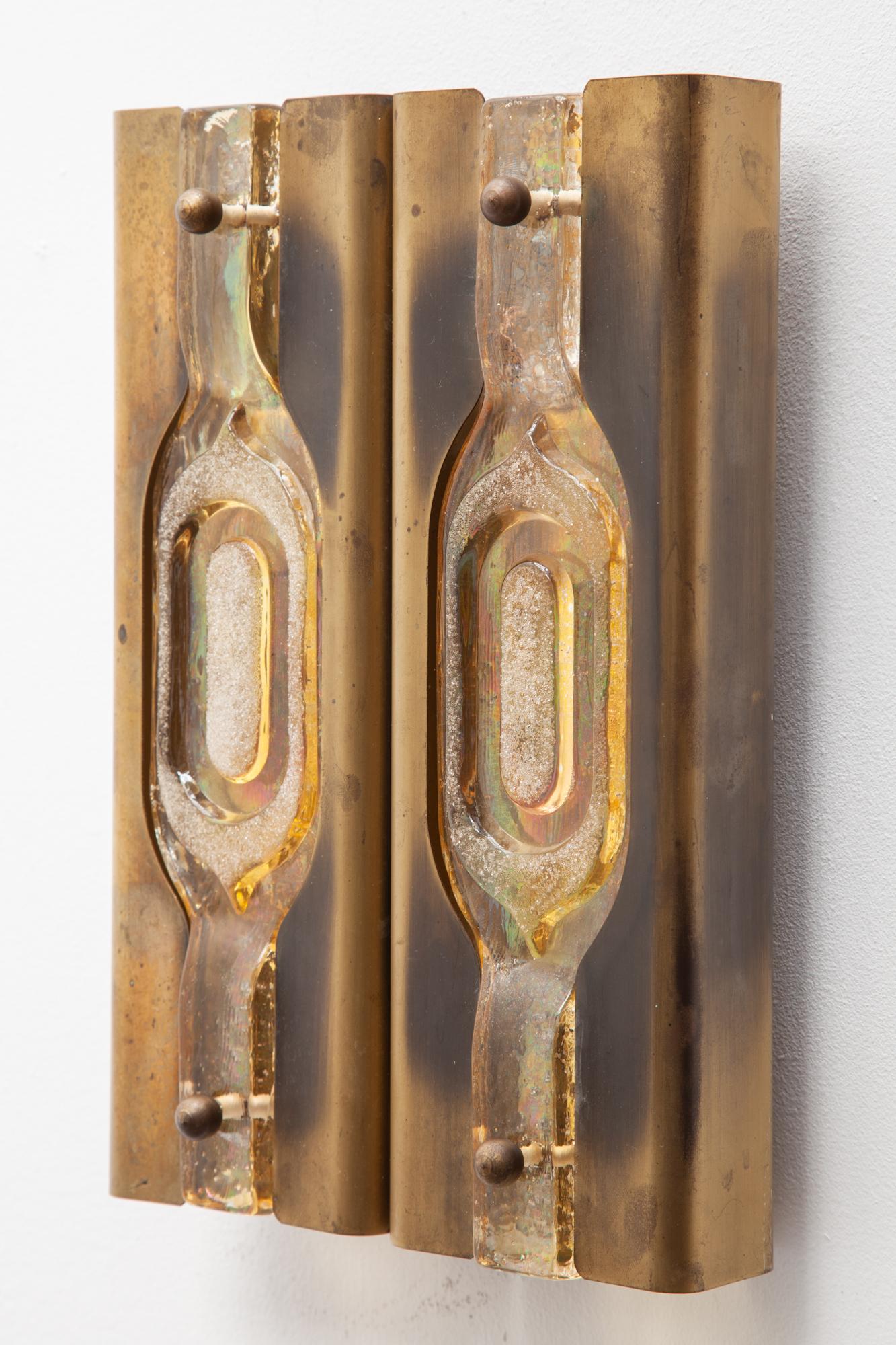 Mid-Century Modern Mazzega Brass Textured Glass Sconces 