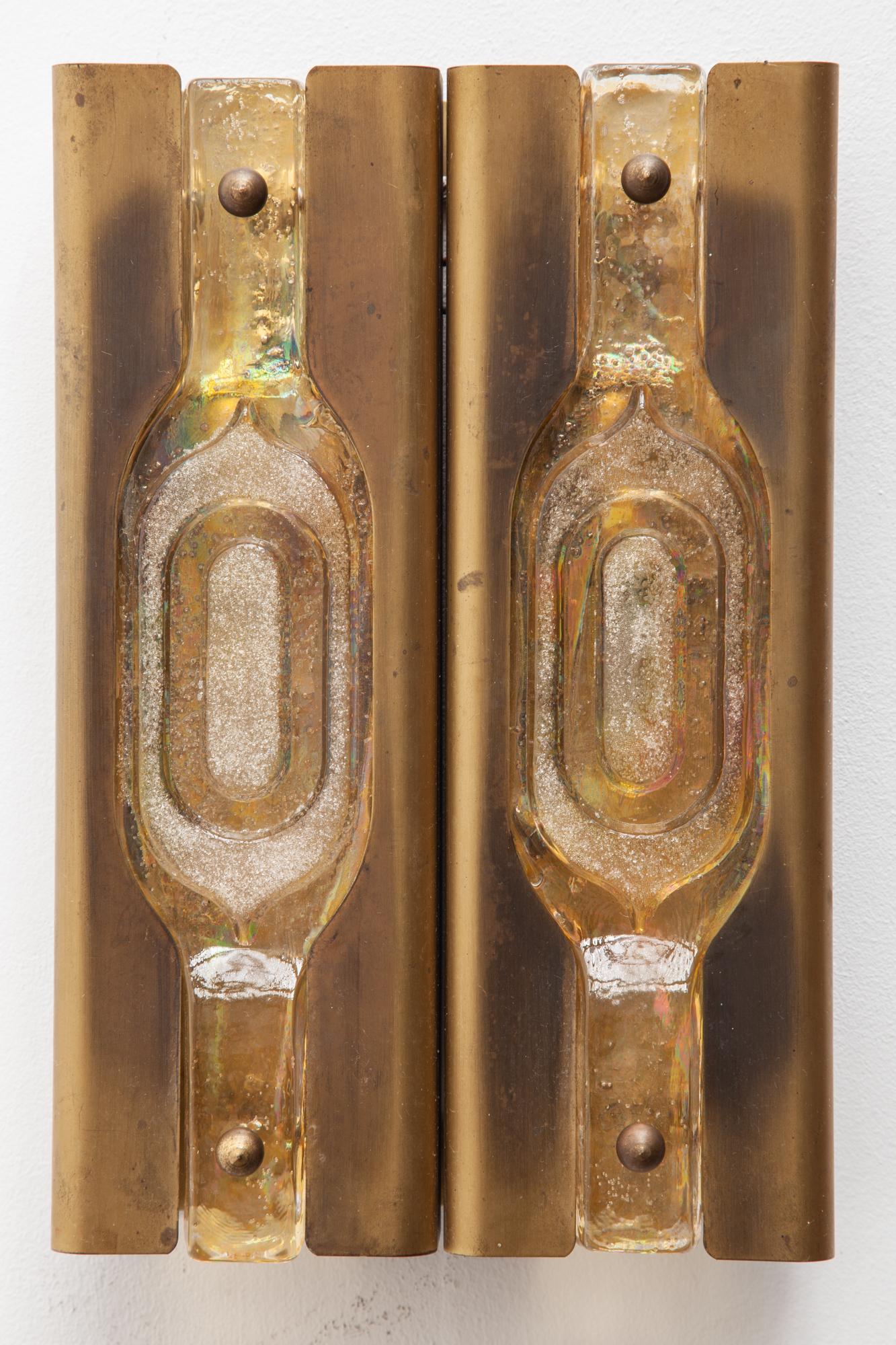 Late 20th Century Mazzega Brass Textured Glass Sconces 