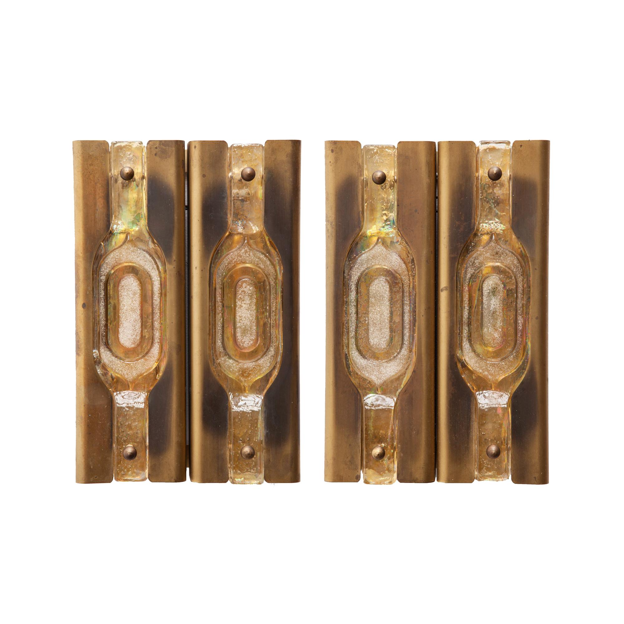 Mazzega Brass Textured Glass Sconces 