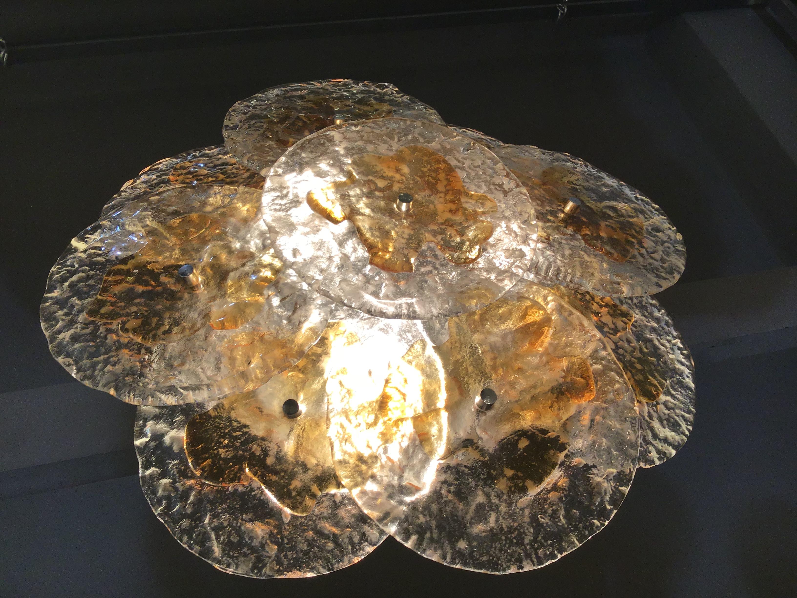Mazzega Ceiling Lights Murano Glass  Iridescent Orang Brass, 1970 13