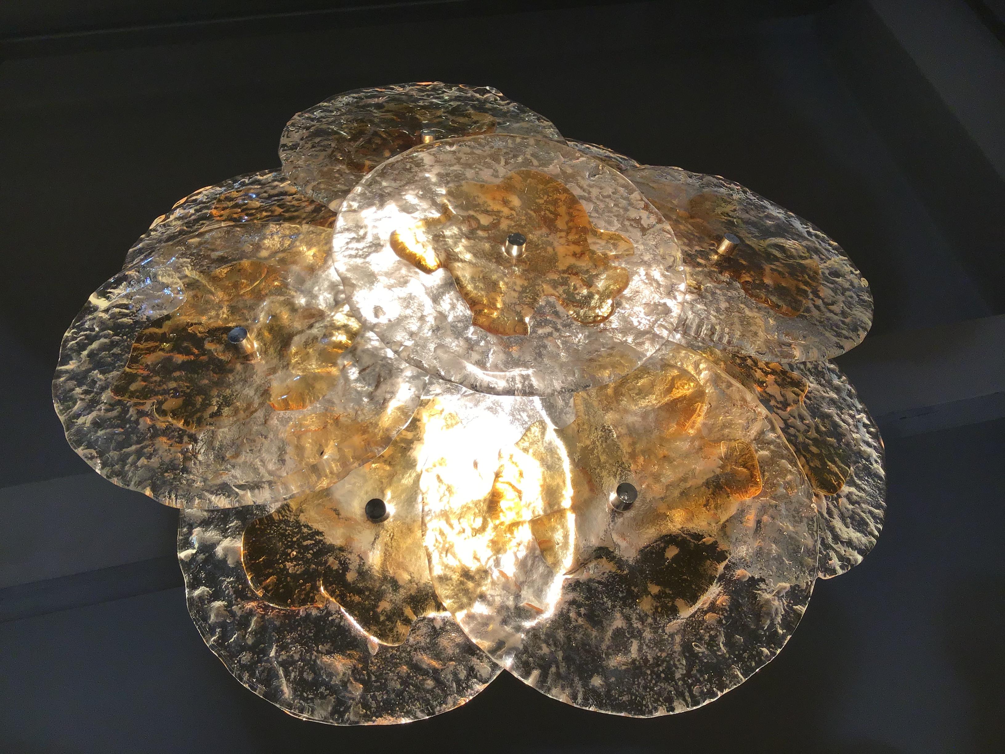 Mazzega Ceiling Lights Murano Glass  Iridescent Orang Brass, 1970 14