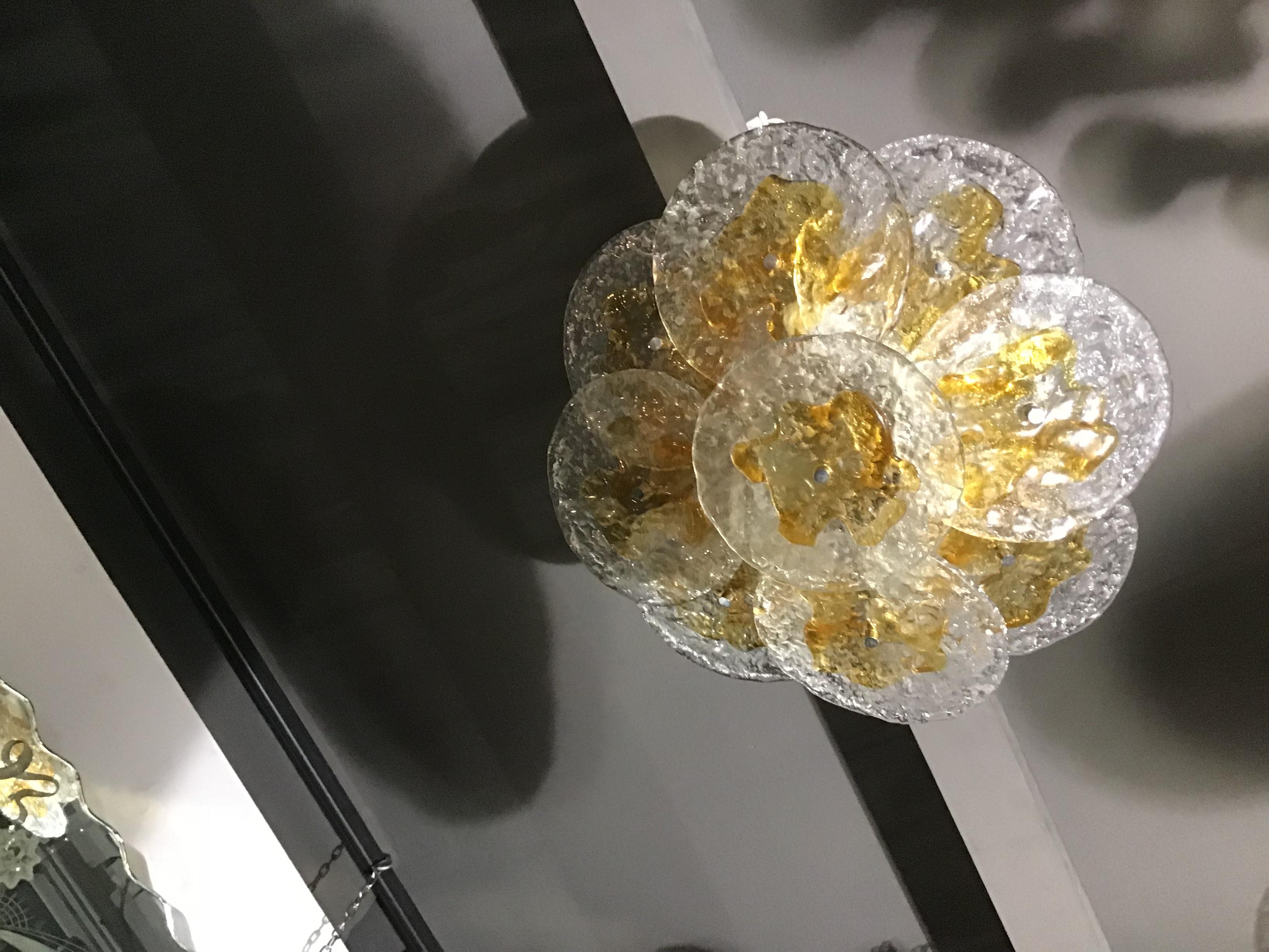 Italian Mazzega Ceiling Lights Murano Glass  Iridescent Orang Brass, 1970