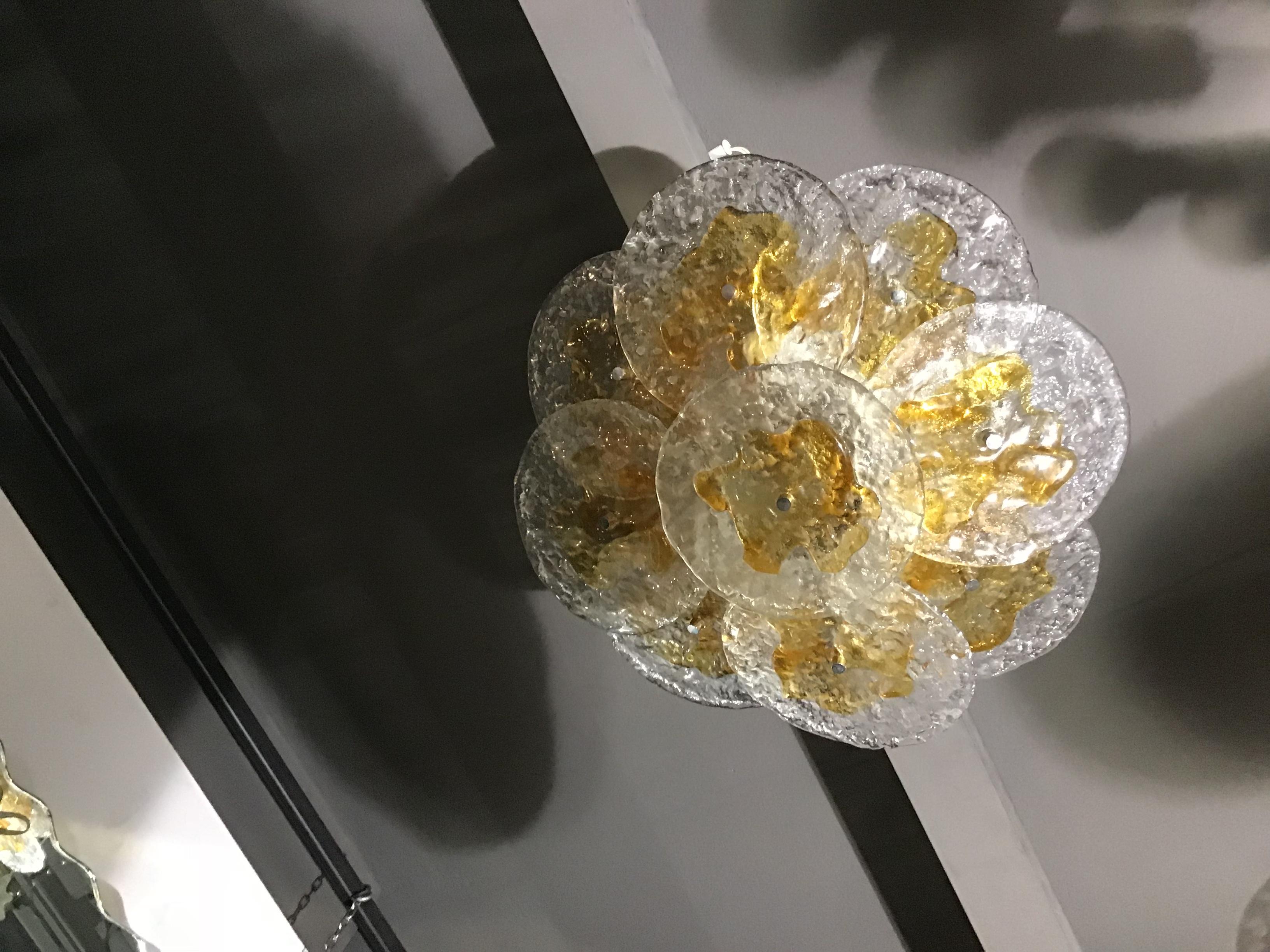 Mazzega Ceiling Lights Murano Glass  Iridescent Orang Brass, 1970 In Excellent Condition In Milano, IT