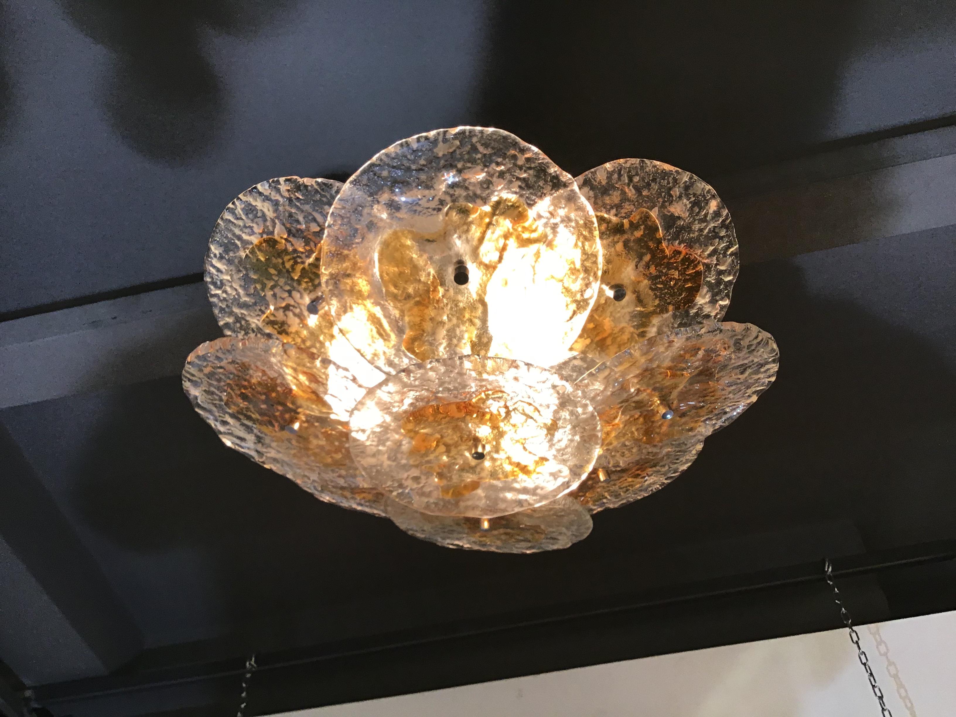 Mazzega Ceiling Lights Murano Glass  Iridescent Orang Brass, 1970 3