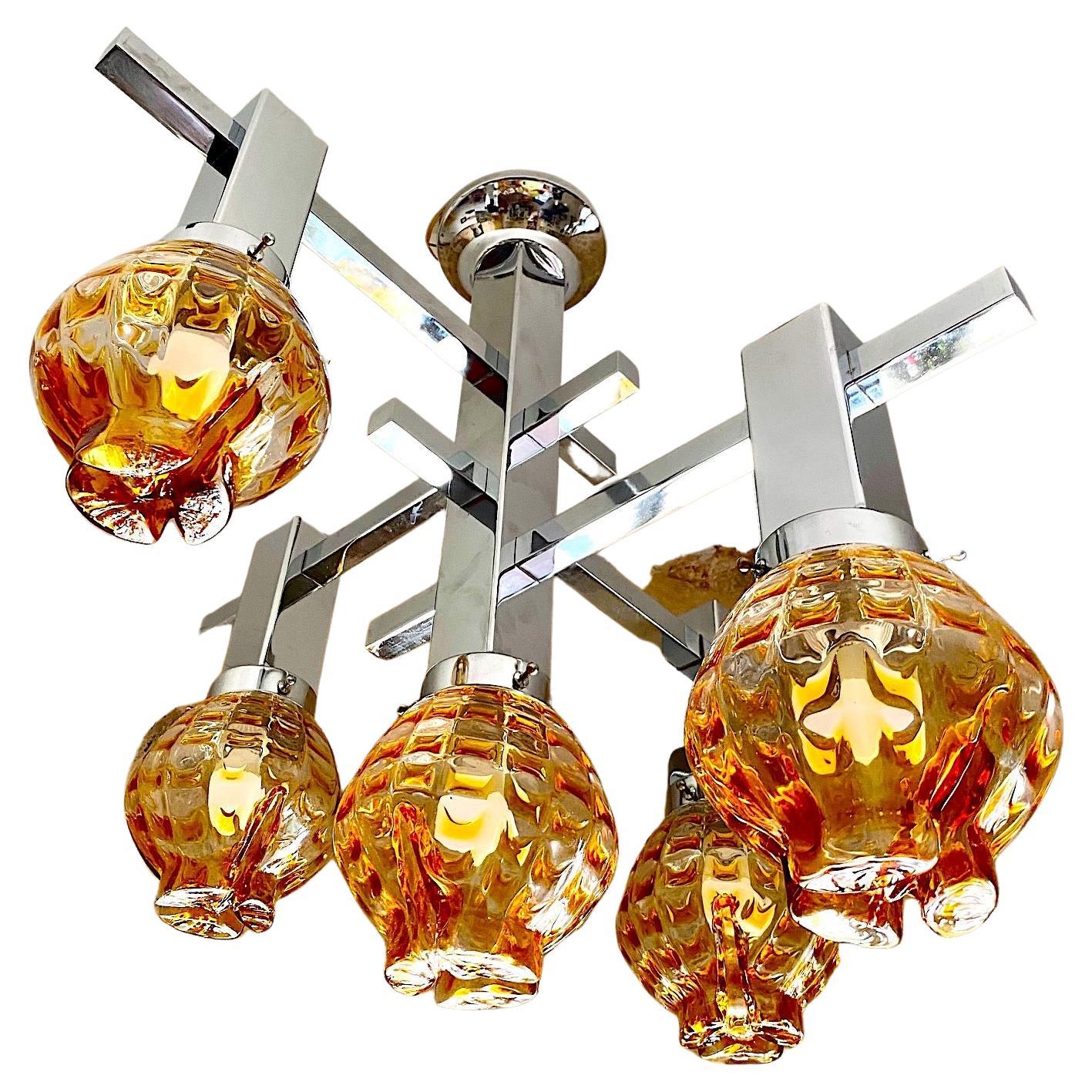 Mazzega Chandelier Large Glass Murano Bicolor, Italy, 1970