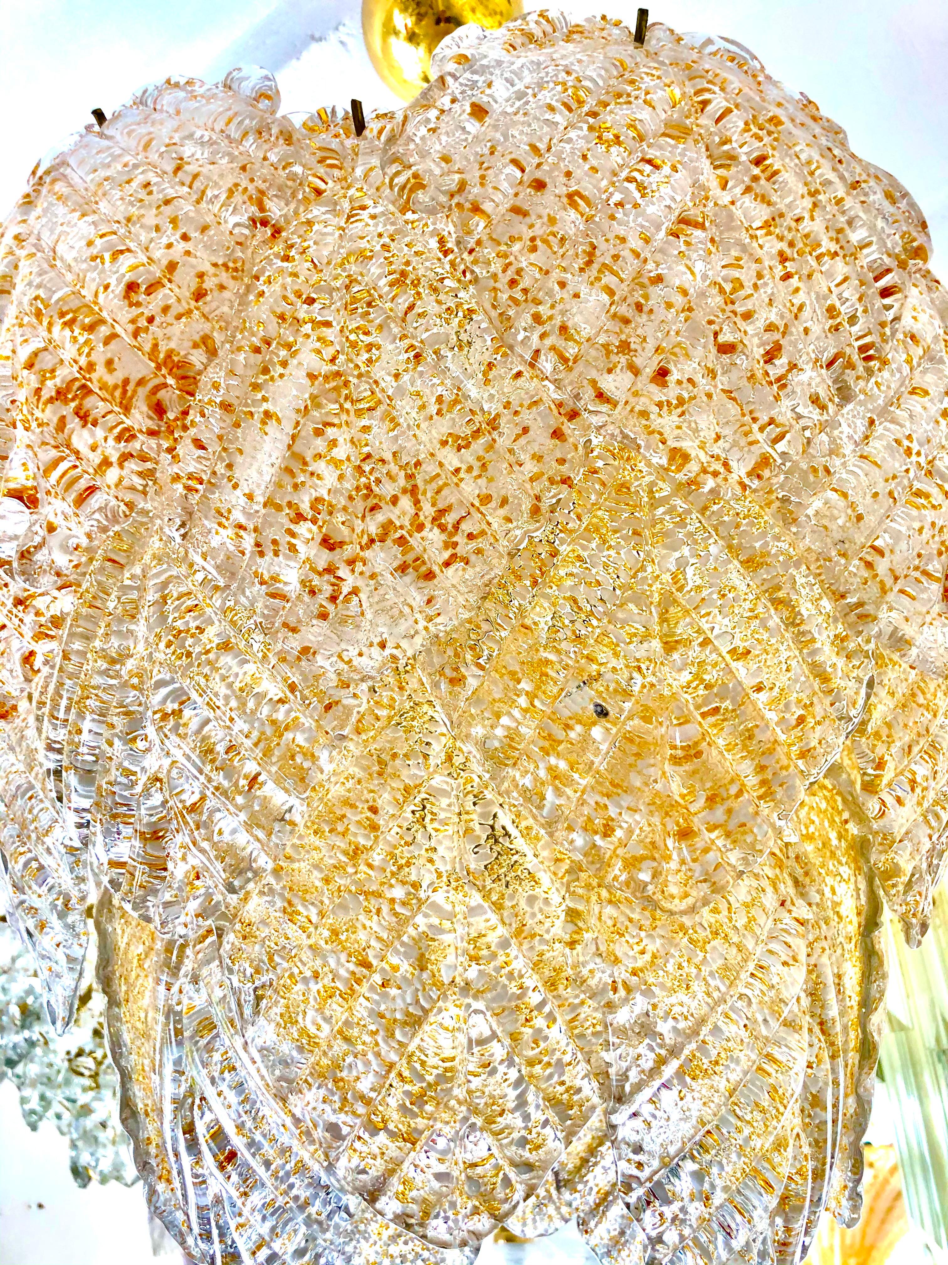 Mid-Century Modern Mazzega Chandelier Murano Ice Frost Glass Bicolore Lamp , Italy 1970