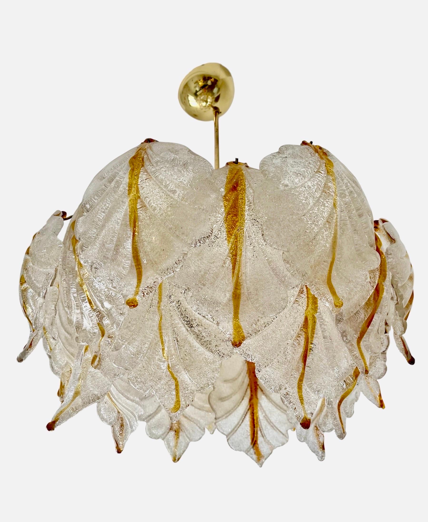Mid-Century Modern Mazzega chandelier murano ice frost glass
bicolore lamp, Italy 1970 For Sale