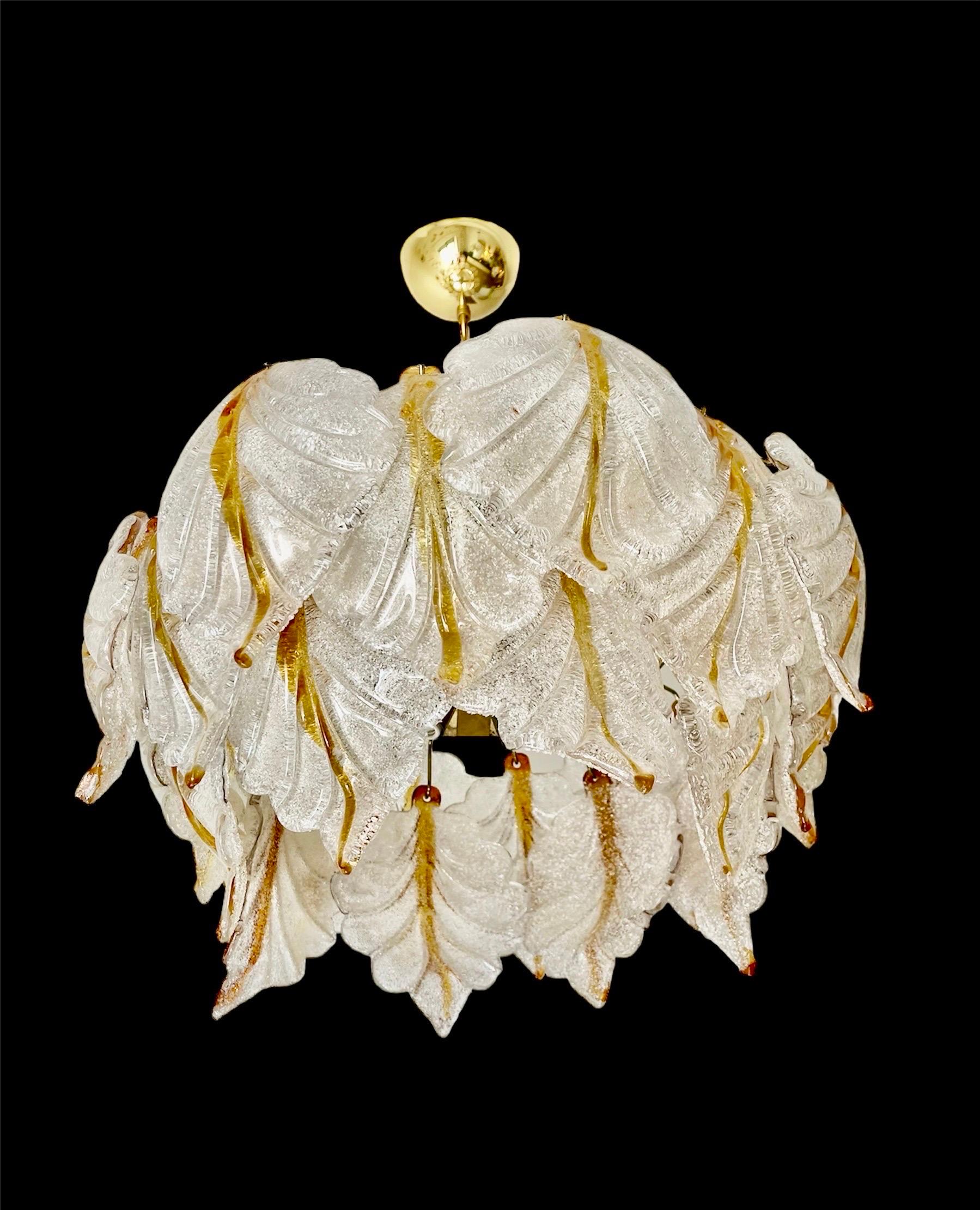 Late 20th Century Mazzega chandelier murano ice frost glass
bicolore lamp, Italy 1970 For Sale