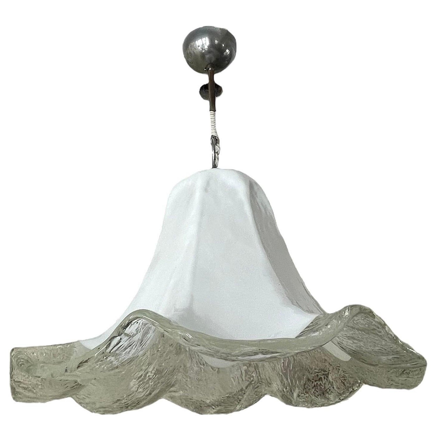 Lampadario Mazzega bianco Vetro di Murano cromato 52 cm, Italia, 1970