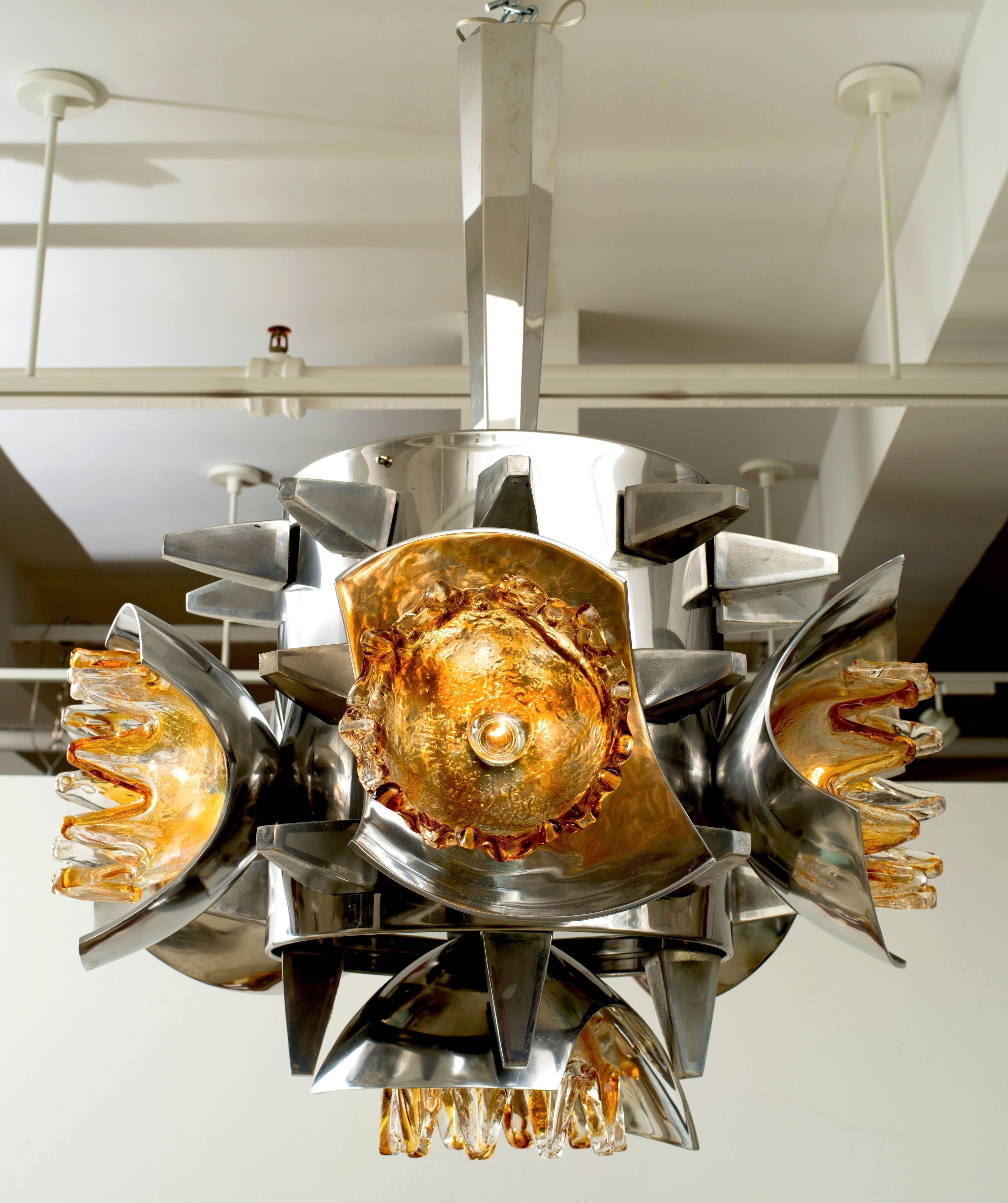 Italian Mazzega Chandelier with Metal and Spikes For Sale