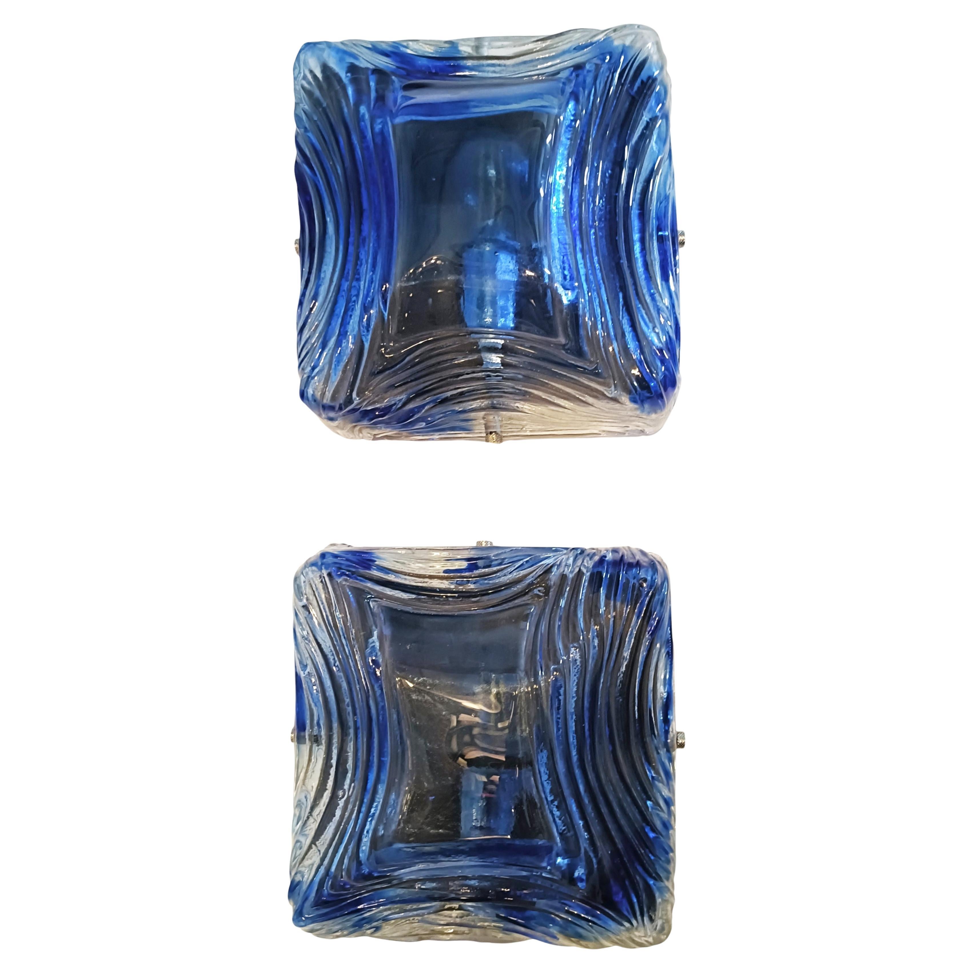 Mazzega Pareja de apliques de cristal de Murano azul, Italia años 70 en venta