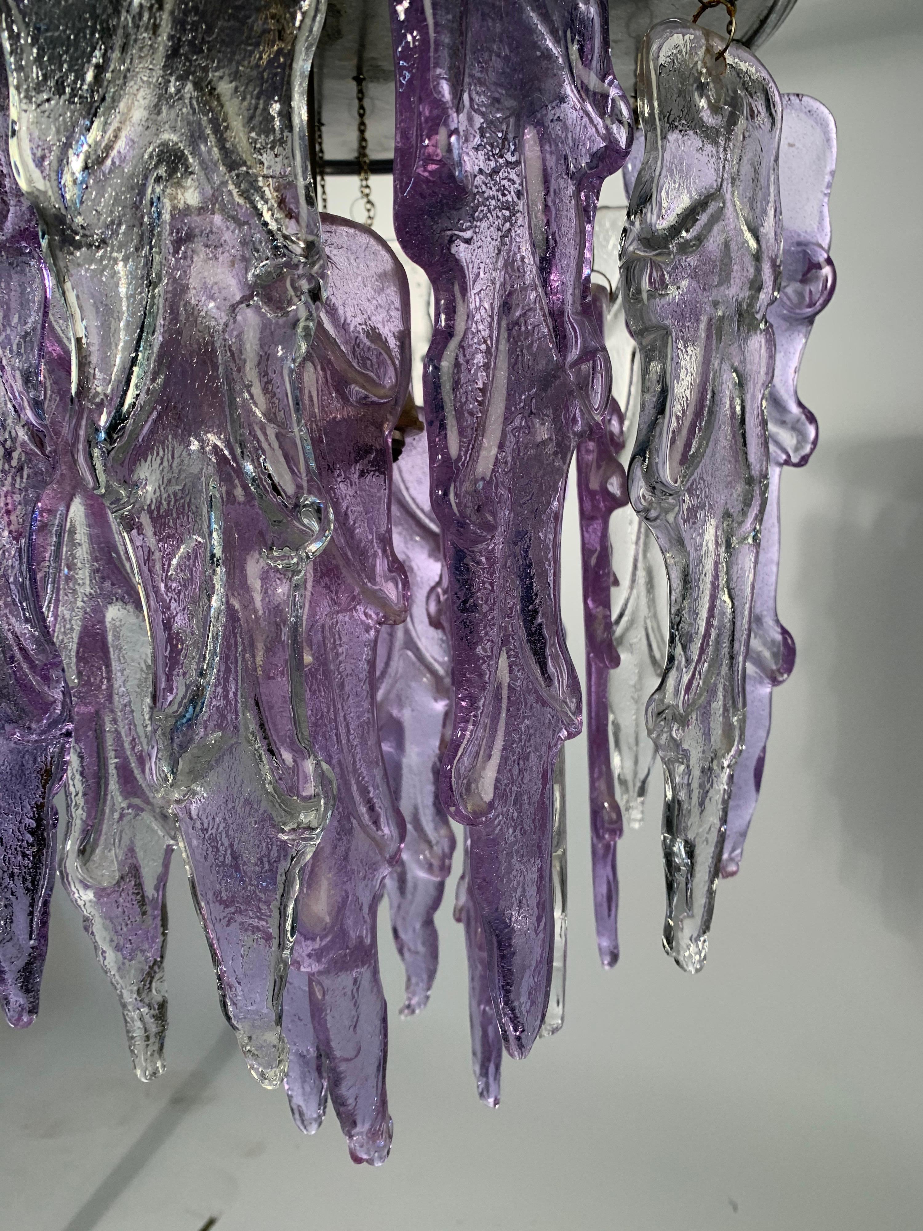 Mid-Century Modern Mazzega Flush Mount Pendant Light with Murano Lilac and Icicle Glass, circa 1970