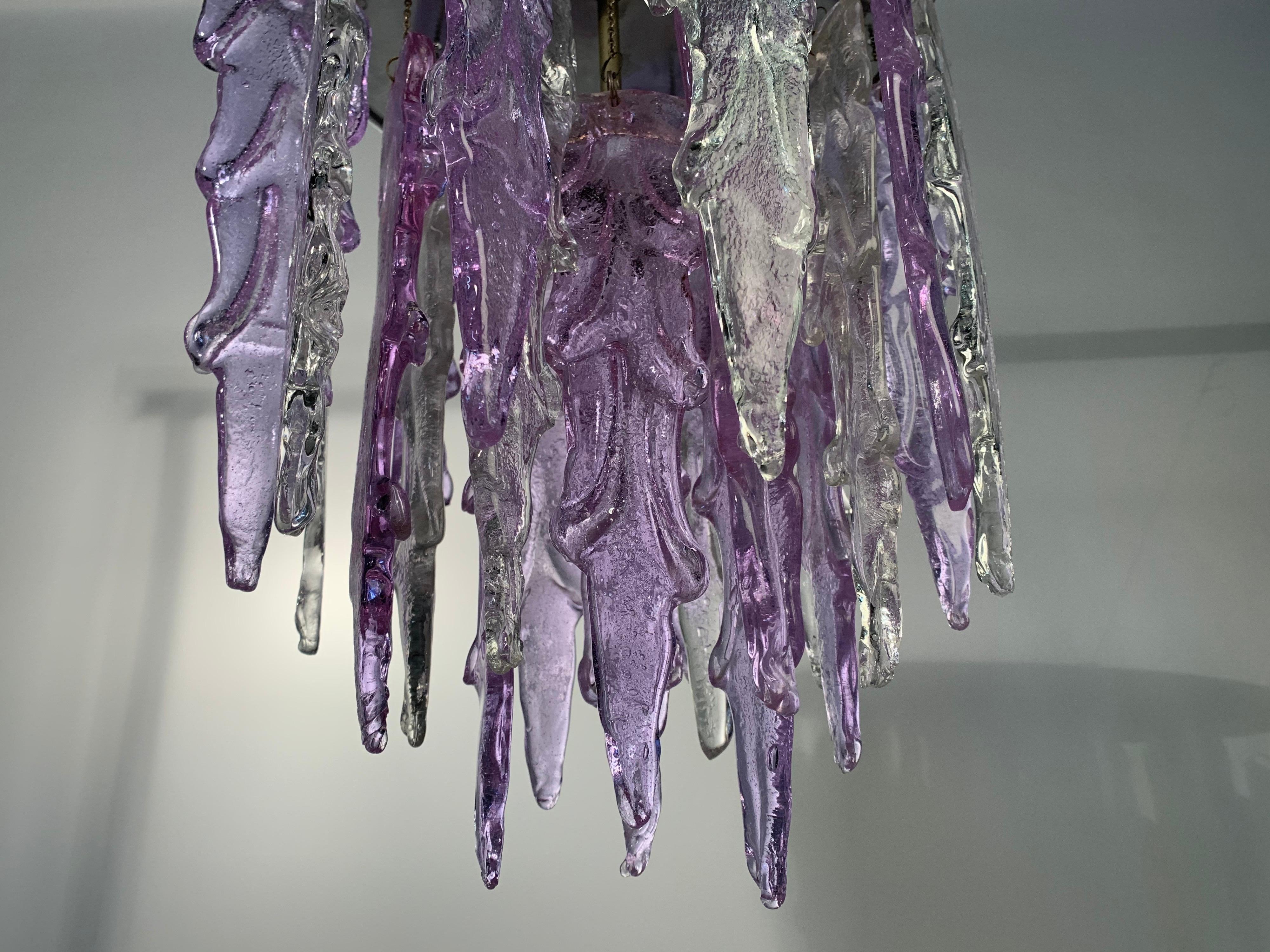 Mazzega Flush Mount Pendant Light with Murano Lilac and Icicle Glass, circa 1970 In Good Condition In Southampton, NJ