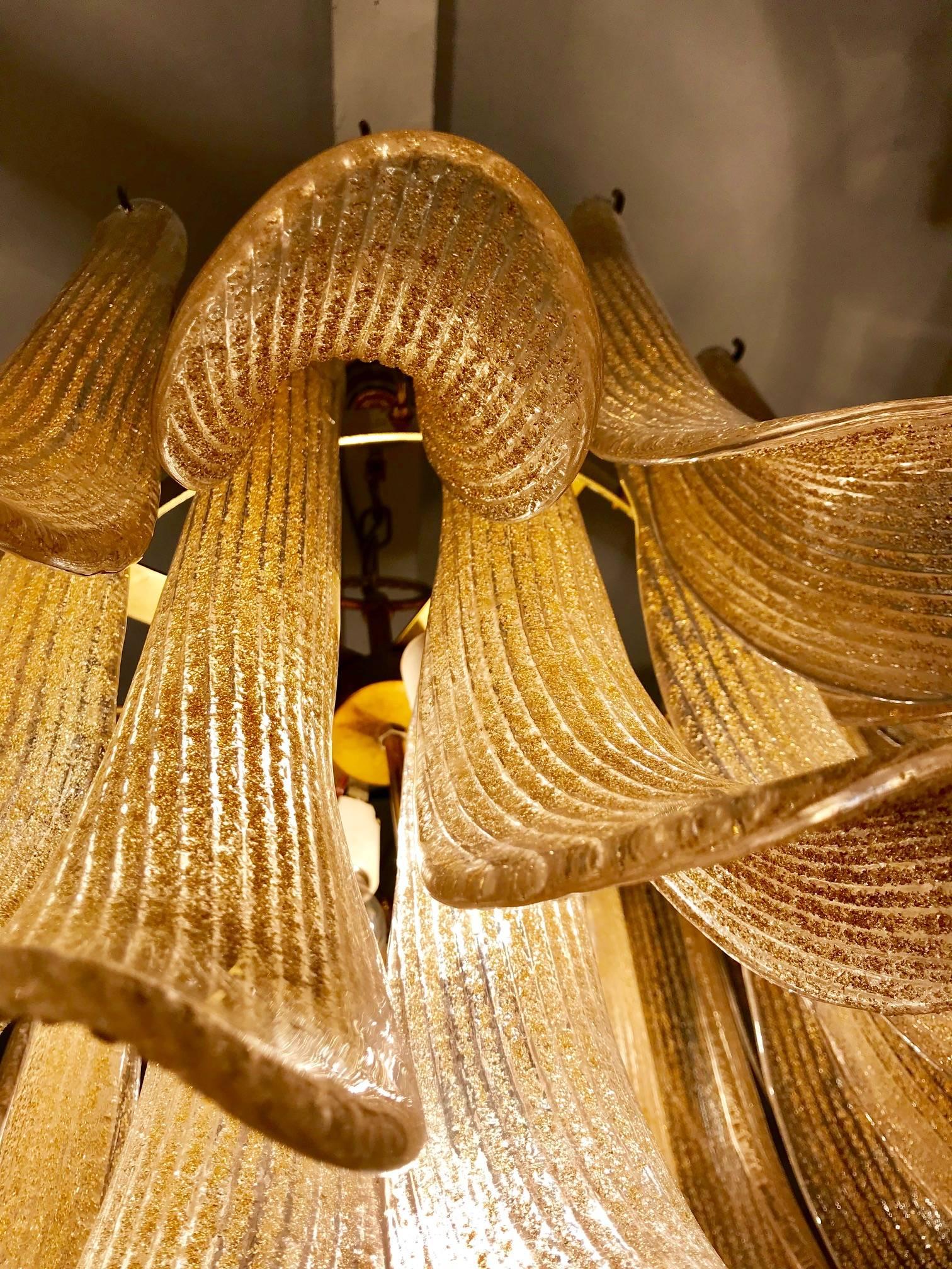 Italian Mazzega Gold Glass chandelier Leaves Petals Gilt Frame, 1970