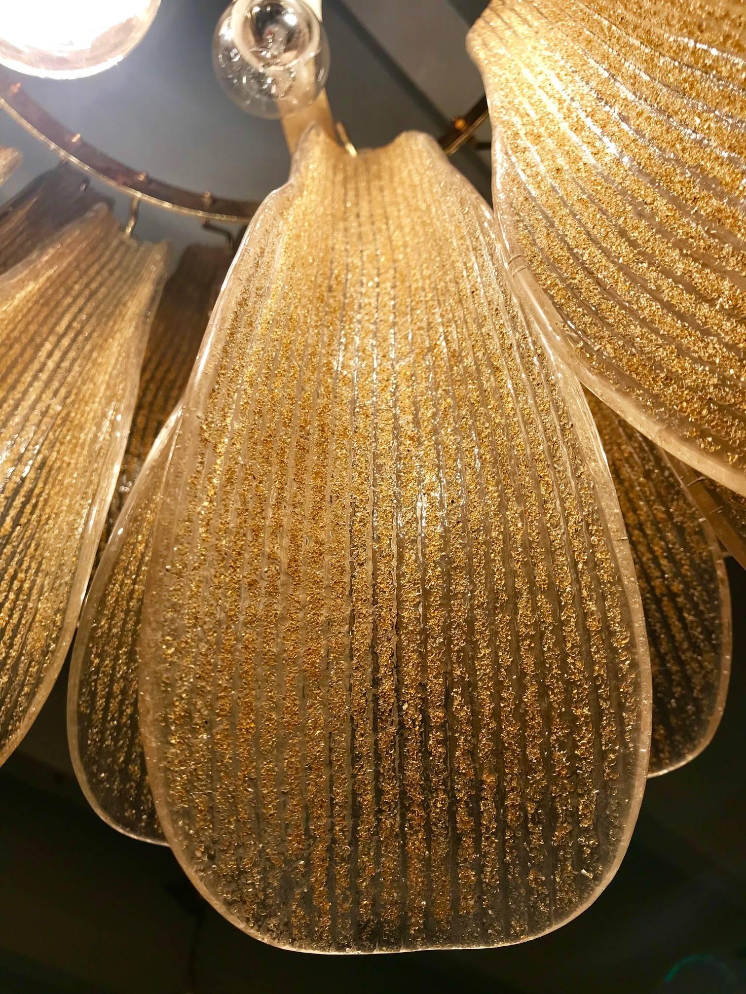 Art Glass Mazzega Gold Glass chandelier Leaves Petals Gilt Frame, 1970