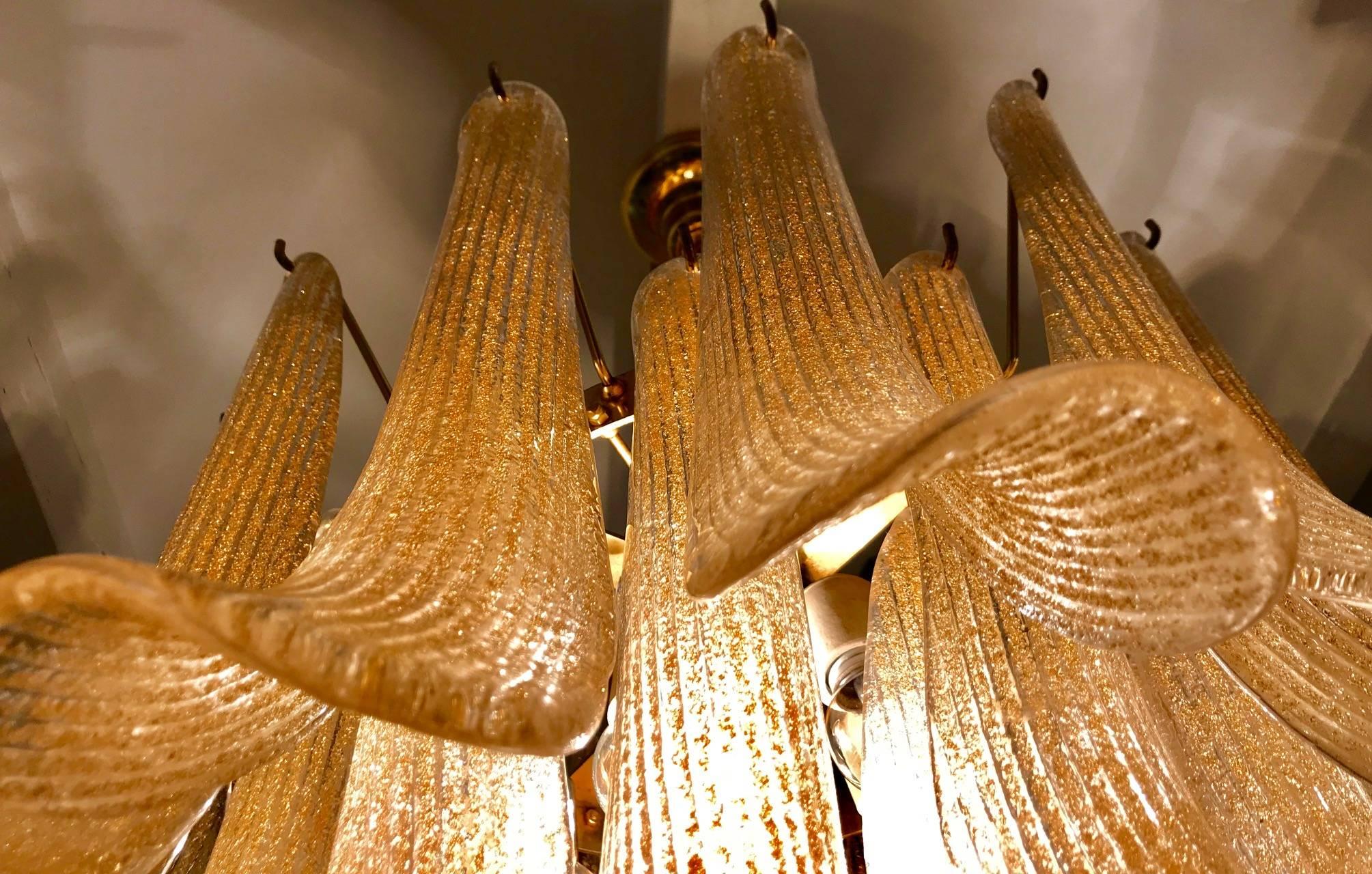 Mazzega Gold Glass chandelier Leaves Petals Gilt Frame, 1970 1