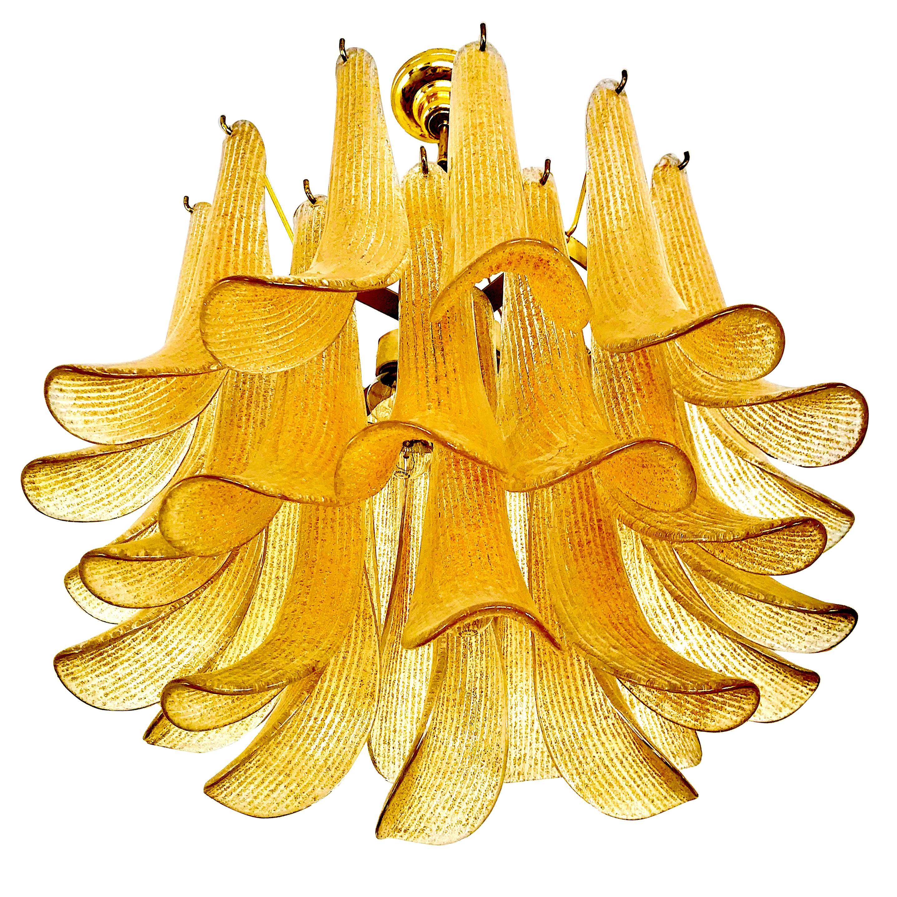 Mazzega Gold Glass chandelier Leaves Petals Gilt Frame, 1970