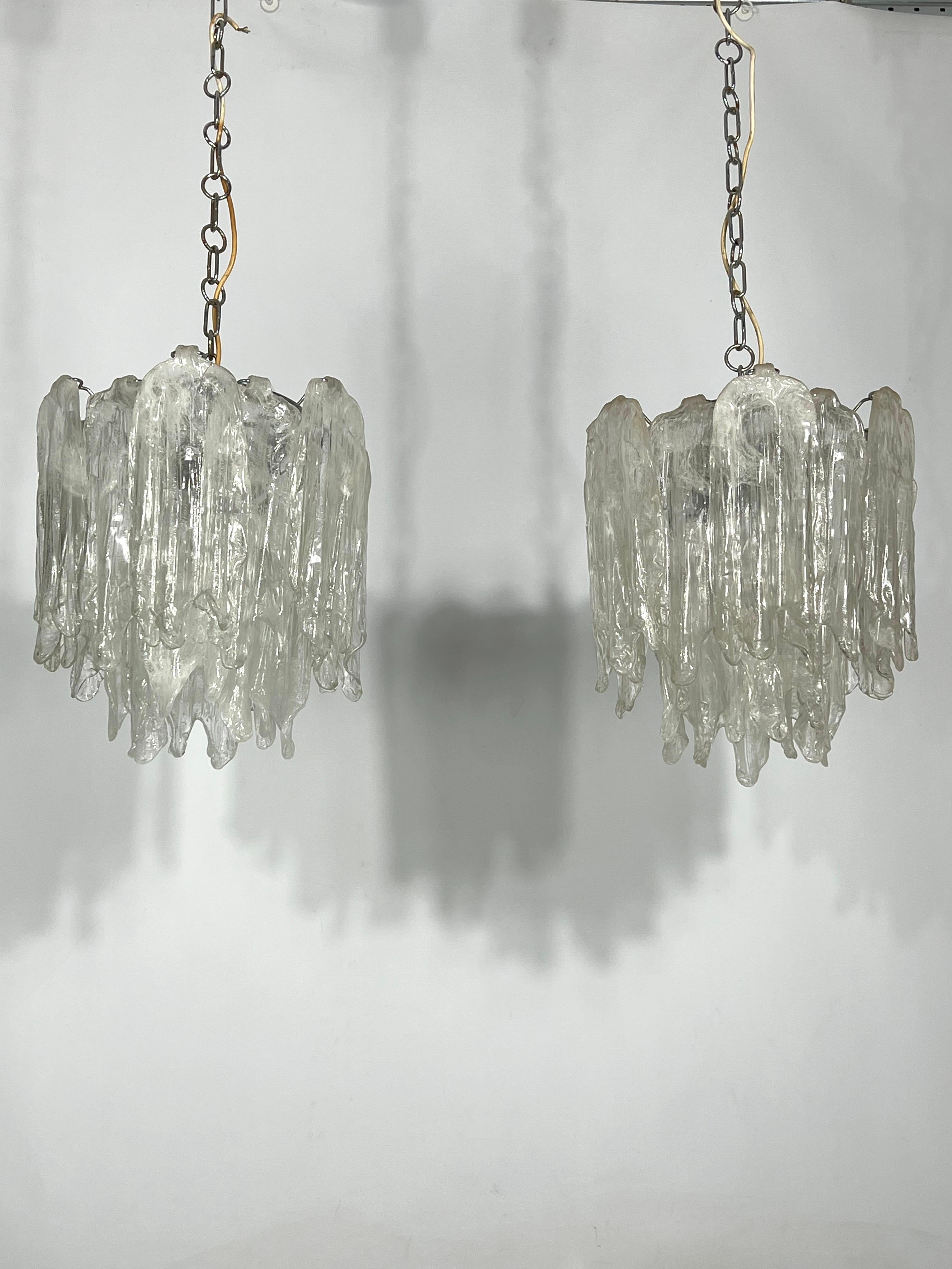 Mazzega Ice glass, pair of vintage murano chandeliers from 70s For Sale 3