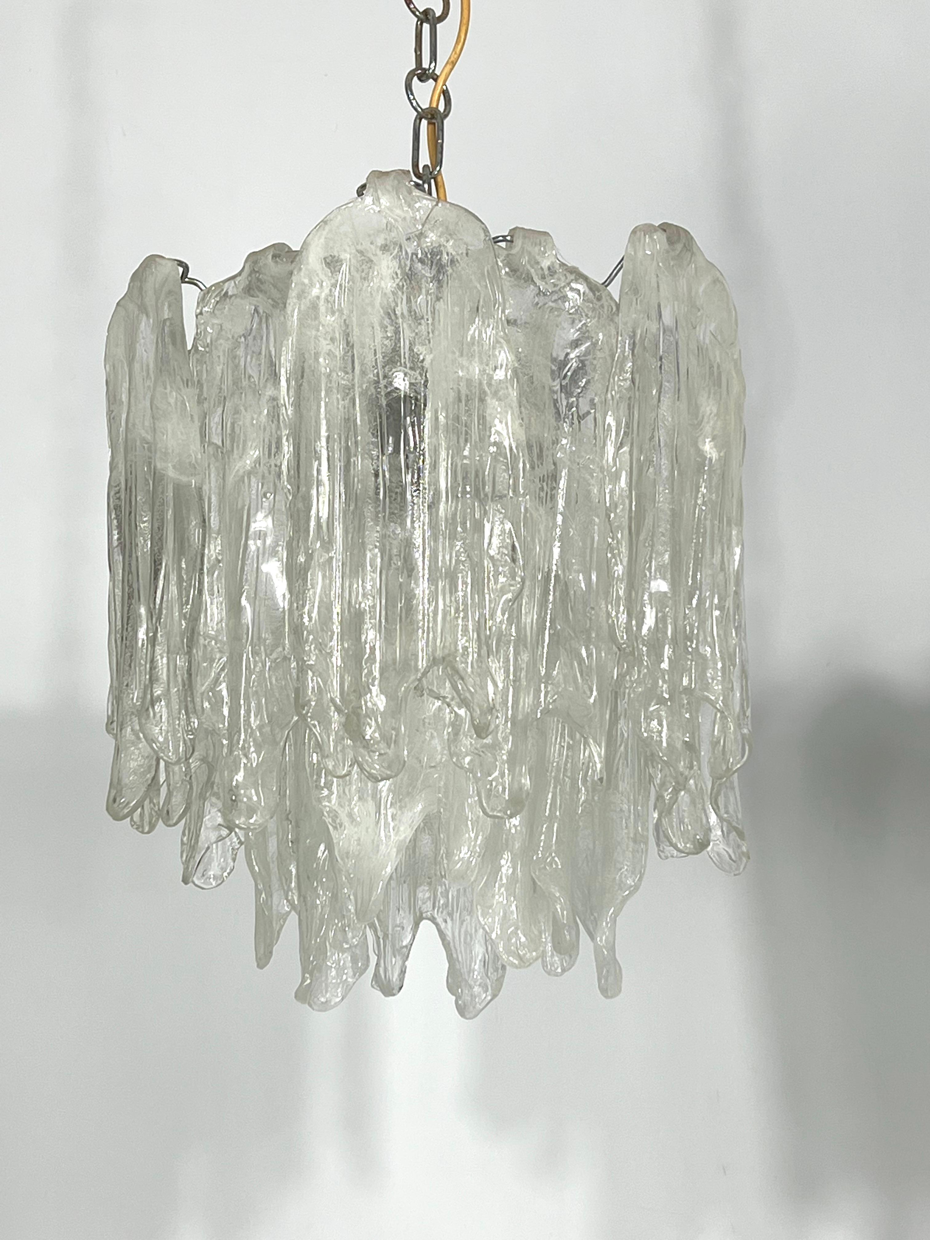 Mazzega Ice glass, pair of vintage murano chandeliers from 70s For Sale 4