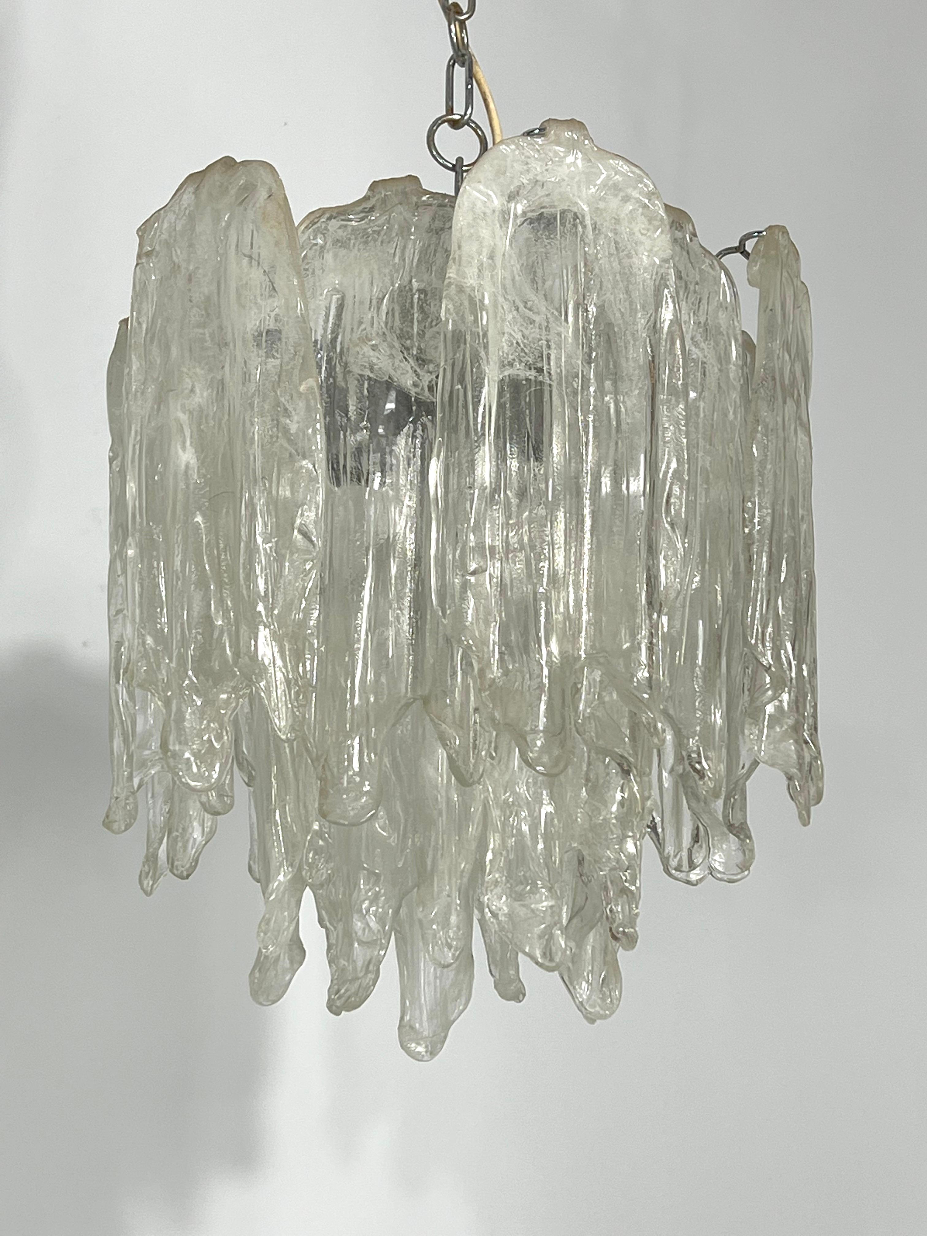 Mazzega Ice glass, pair of vintage murano chandeliers from 70s For Sale 5
