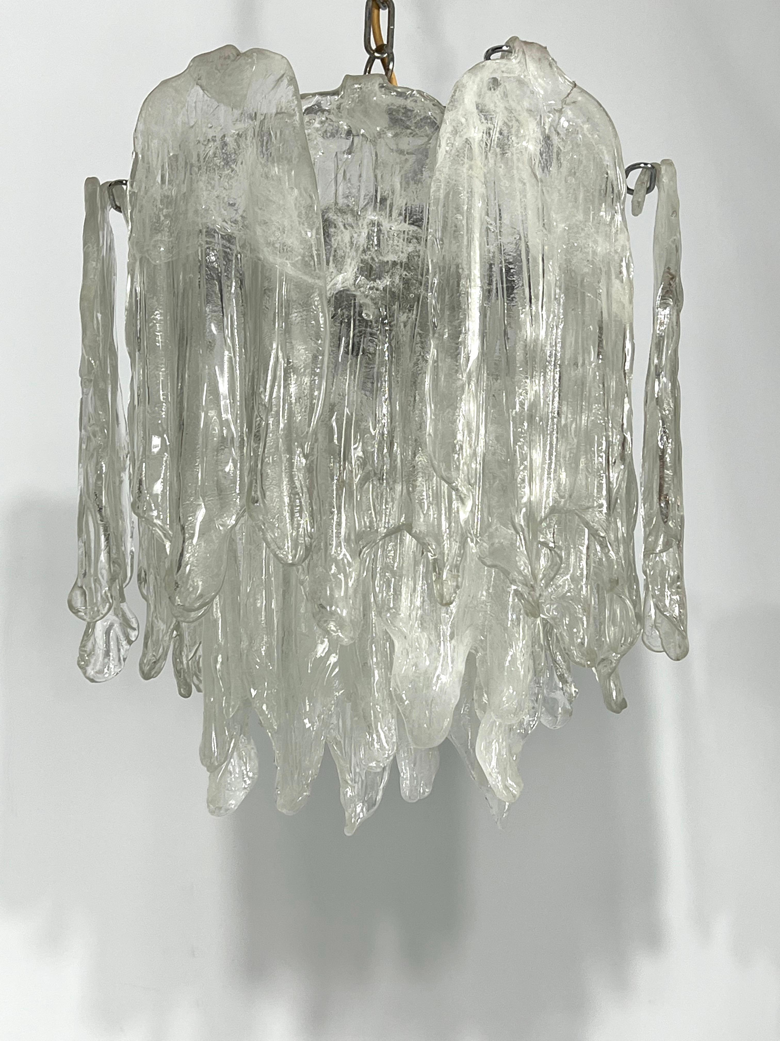 Mazzega Ice glass, pair of vintage murano chandeliers from 70s For Sale 9