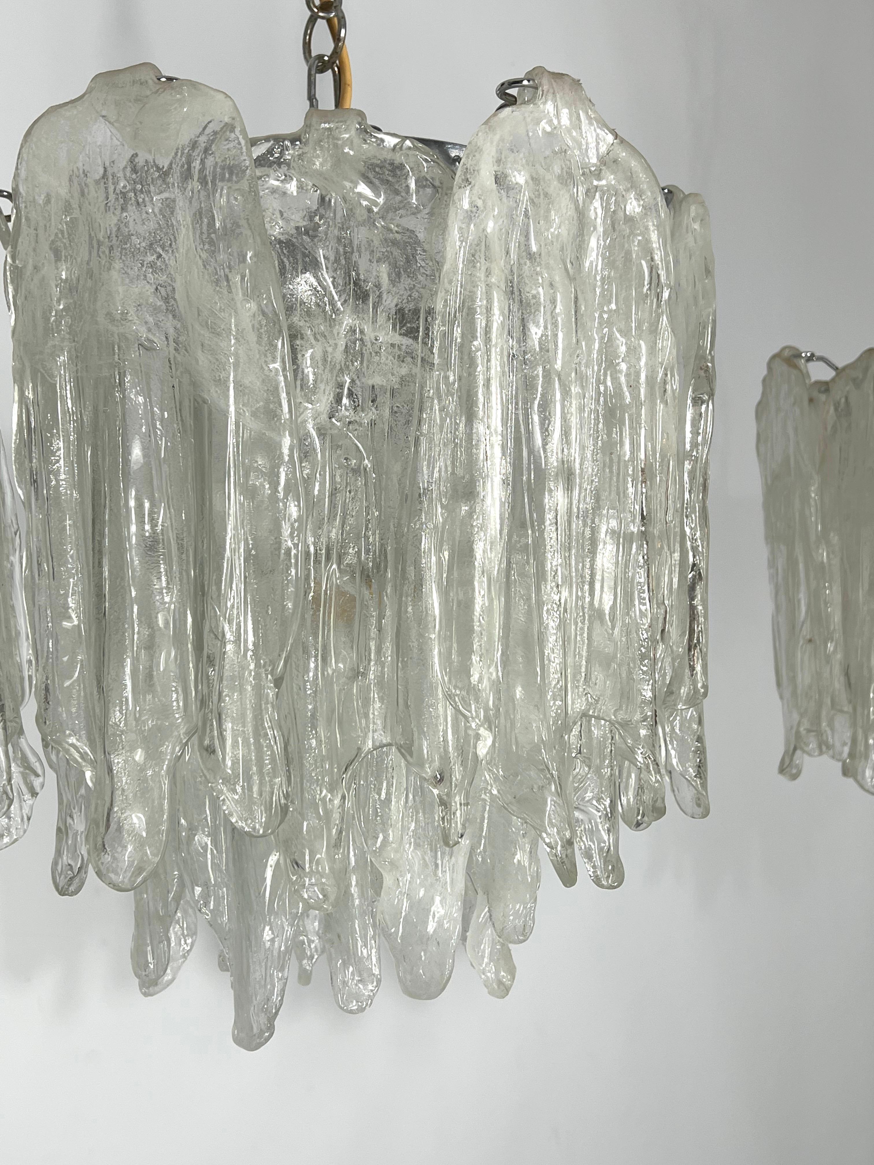 Mazzega Ice glass, pair of vintage murano chandeliers from 70s For Sale 10