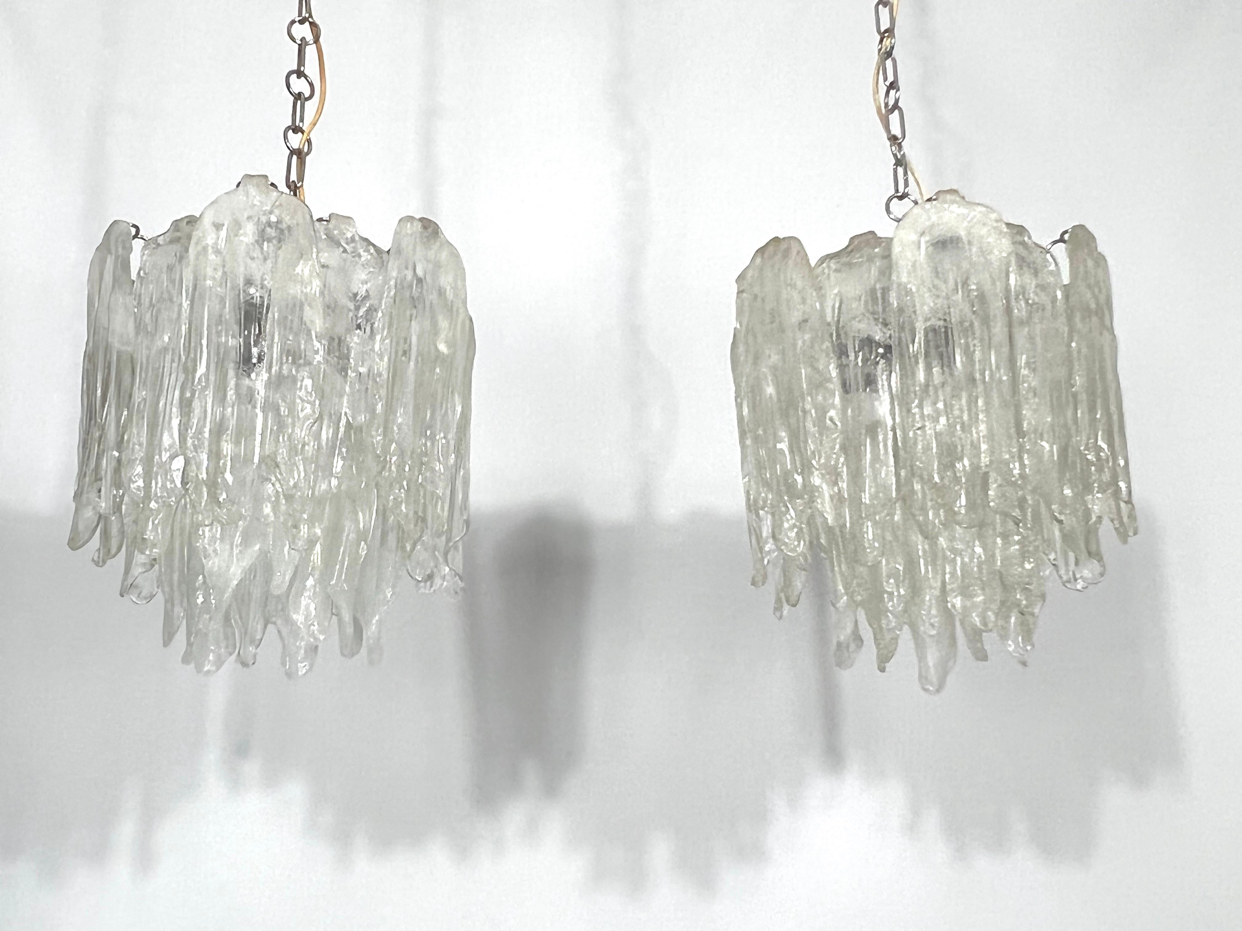 Mid-Century Modern Mazzega Ice glass, pair of vintage murano chandeliers from 70s For Sale