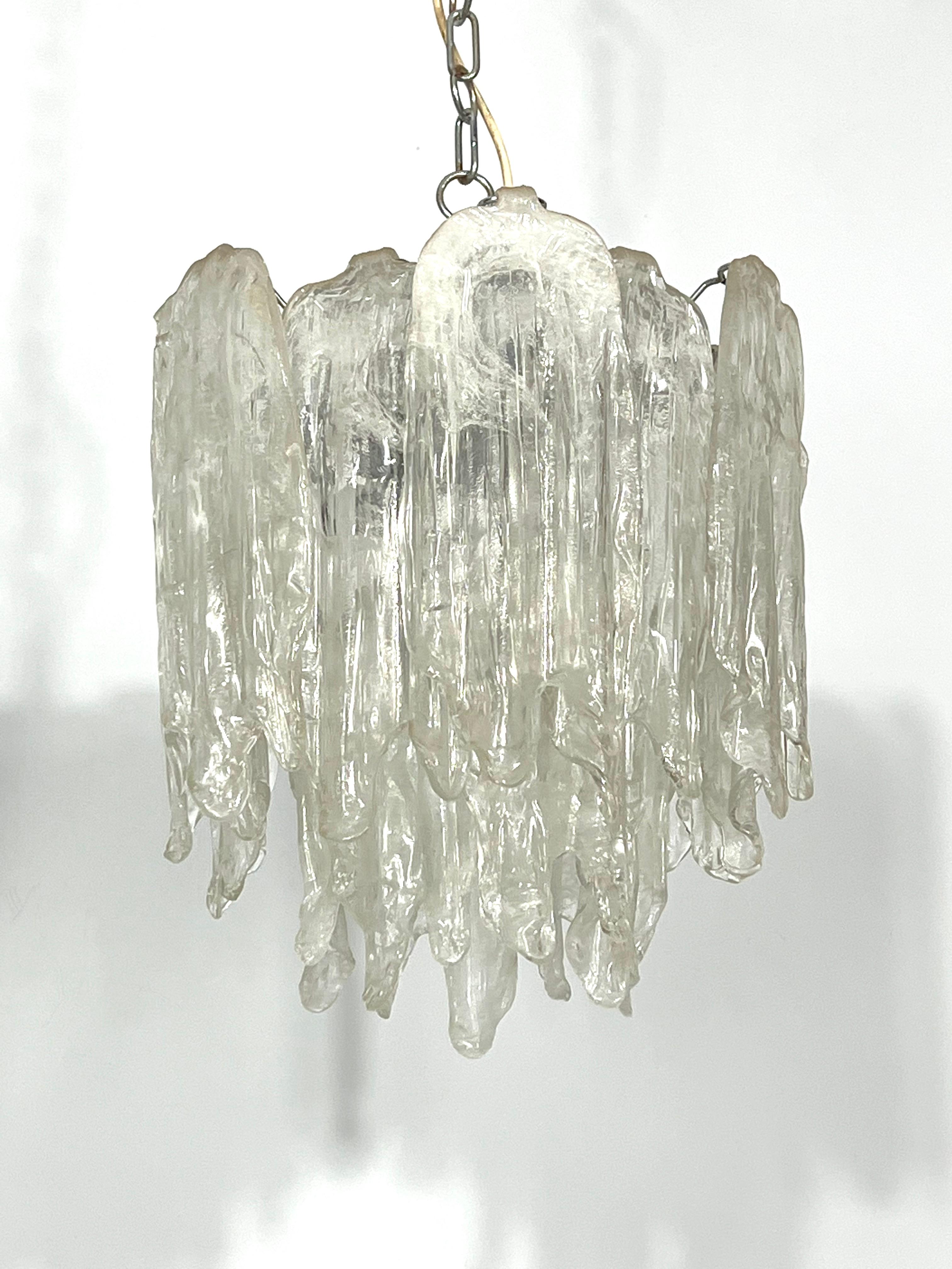Italian Mazzega Ice glass, pair of vintage murano chandeliers from 70s For Sale