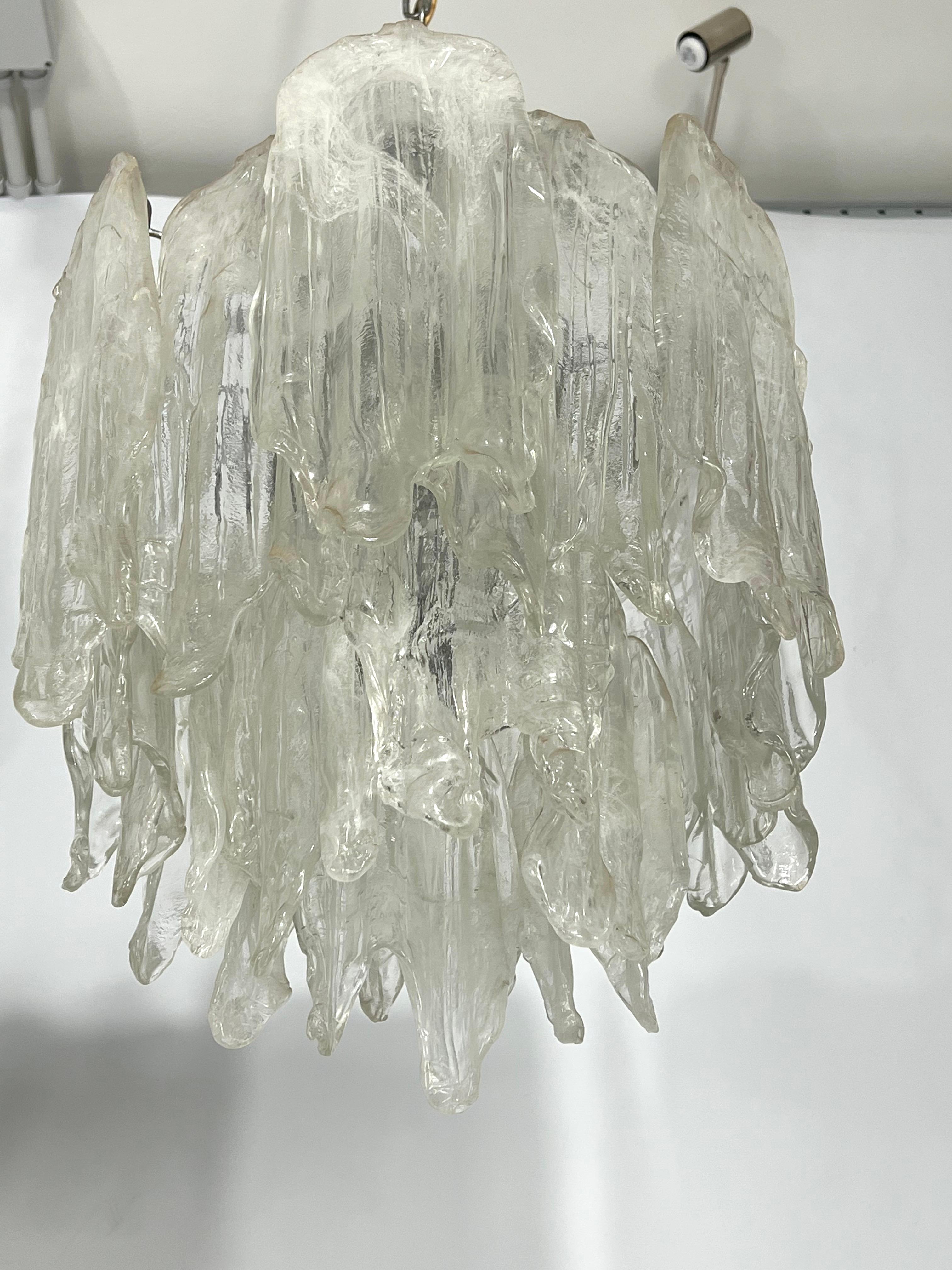 20th Century Mazzega Ice glass, pair of vintage murano chandeliers from 70s For Sale