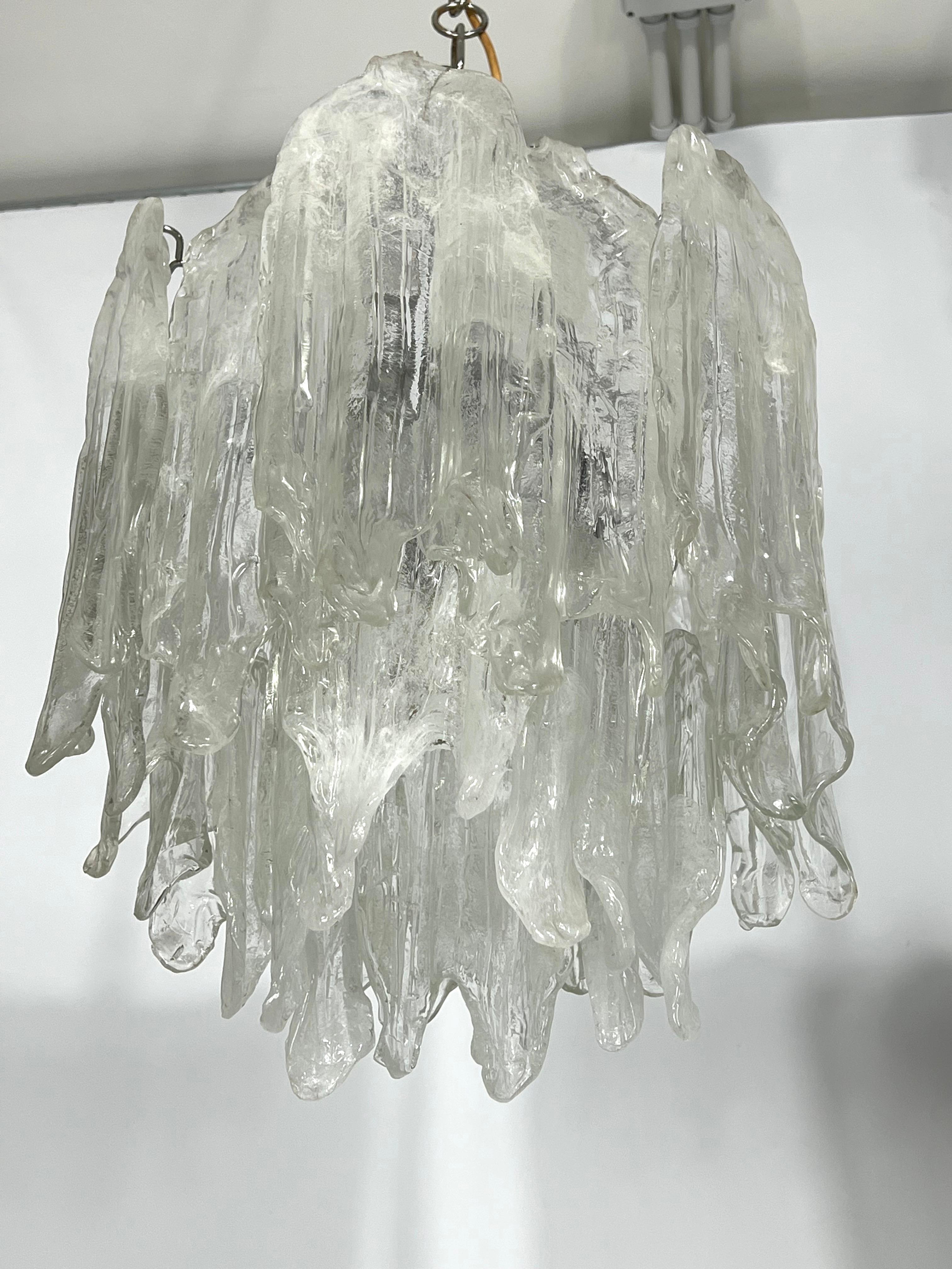 Murano Glass Mazzega Ice glass, pair of vintage murano chandeliers from 70s For Sale