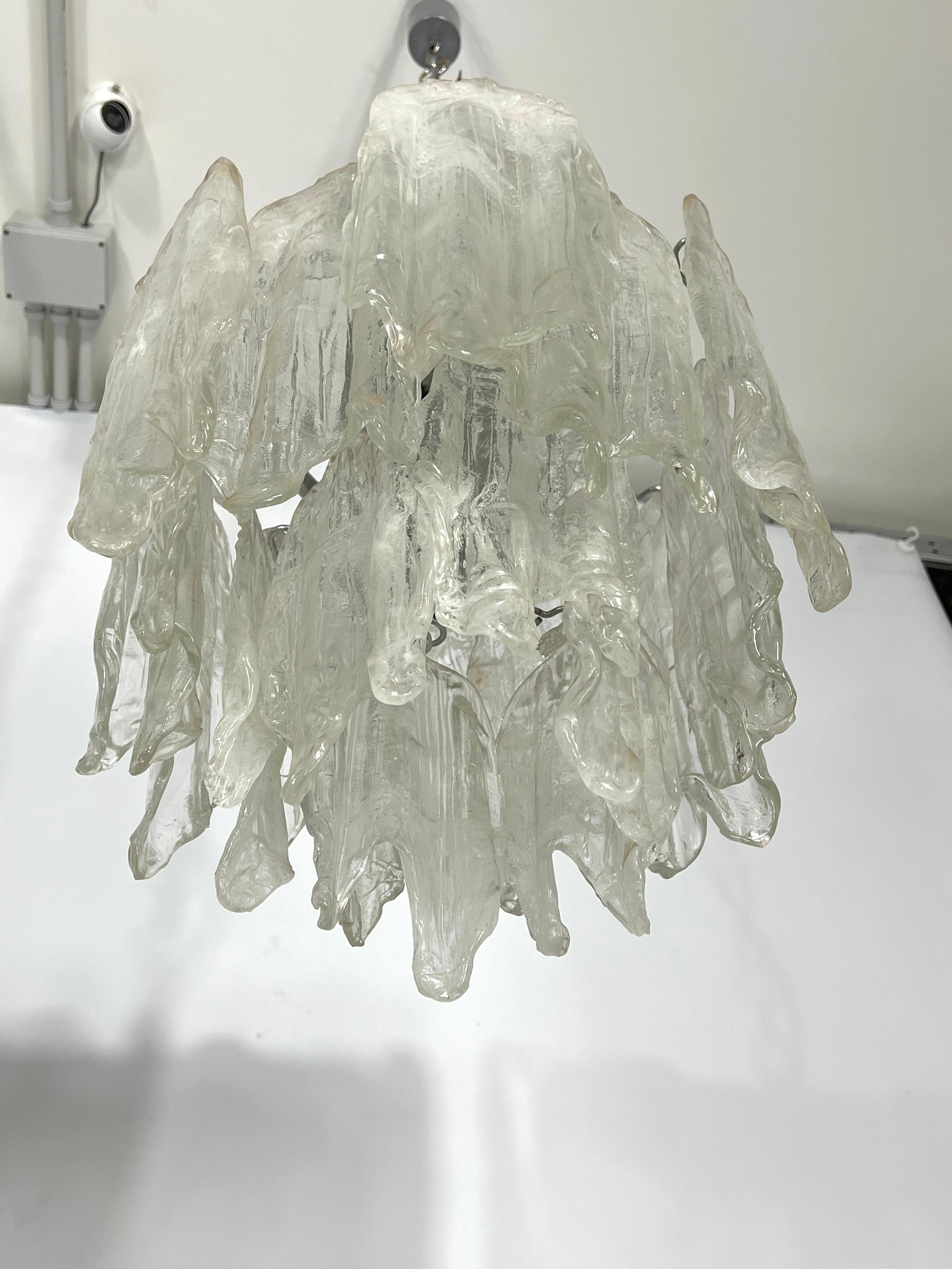 Mazzega Ice glass, pair of vintage murano chandeliers from 70s For Sale 1