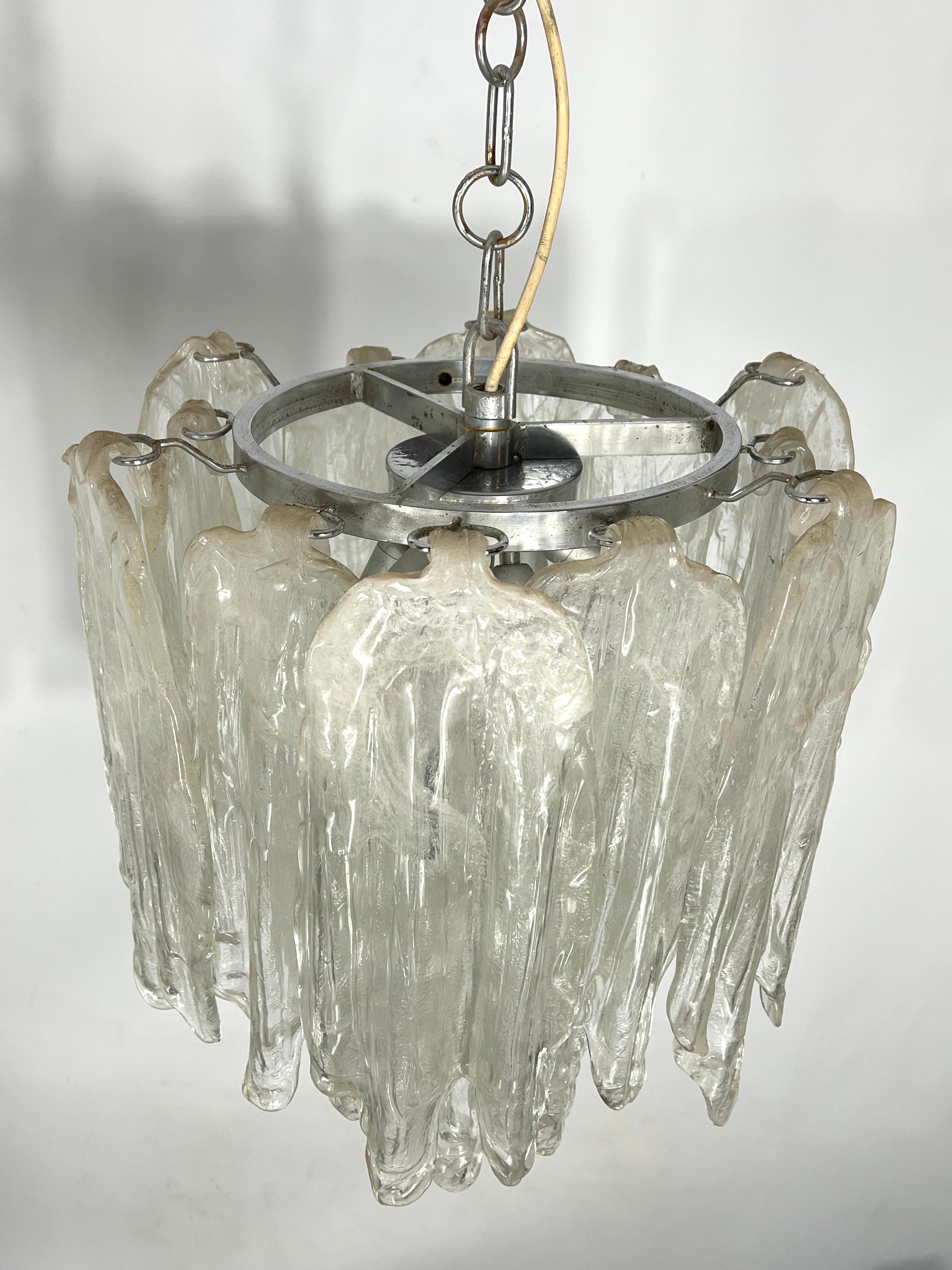 Mazzega Ice glass, pair of vintage murano chandeliers from 70s For Sale 2