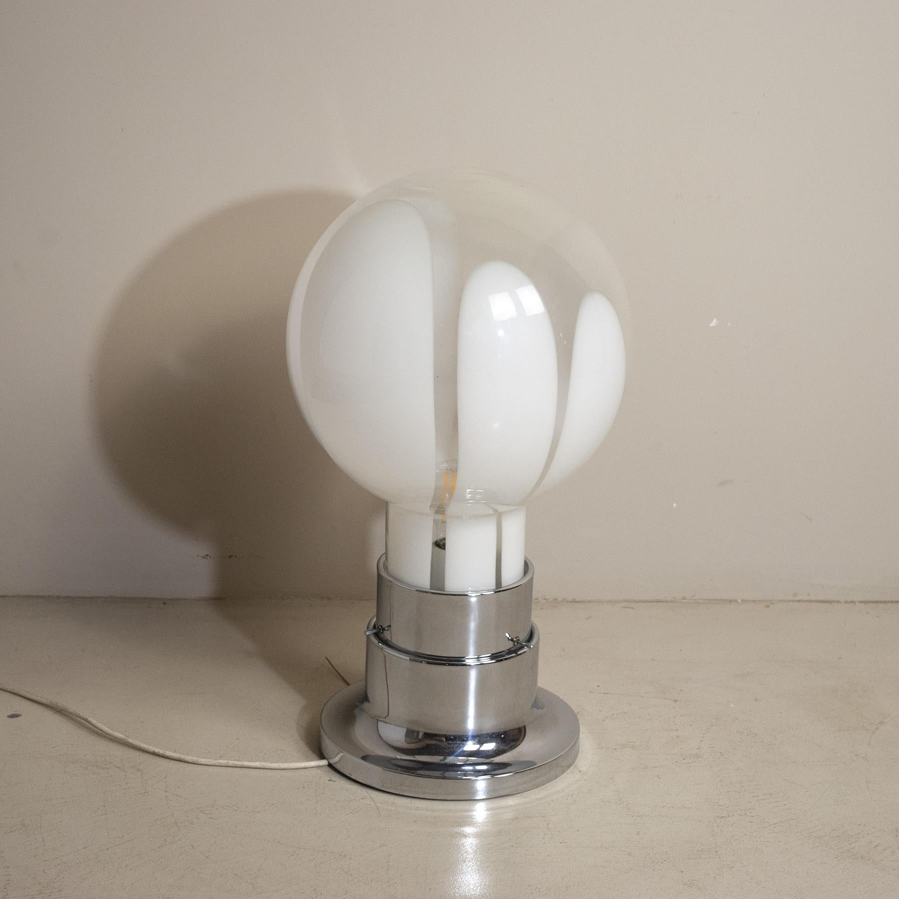 1970s table lamp with steel base and satin glass sphere by Mazzega.