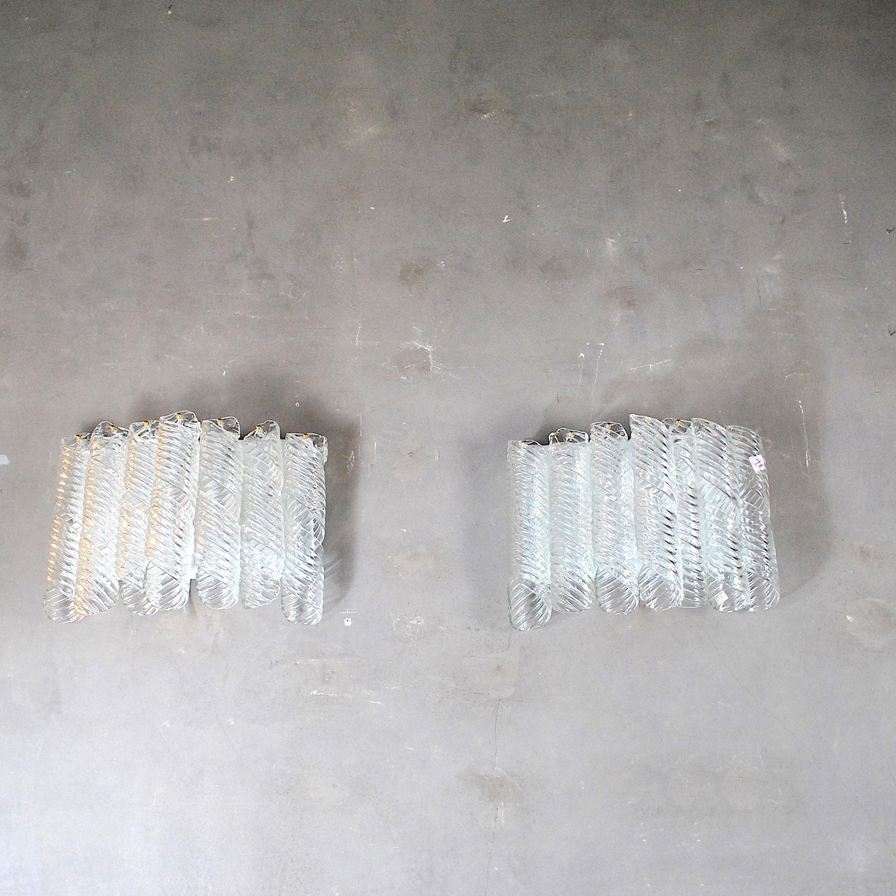 Mid-Century Modern Mazzega Italian Spiral Pair of Sconces in Murano Glass For Sale
