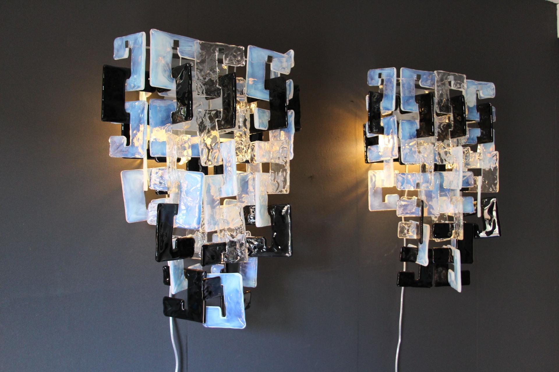Italian Mazzega Long Interlocking Sconces in Opalescent, Crystal and black Glass  For Sale