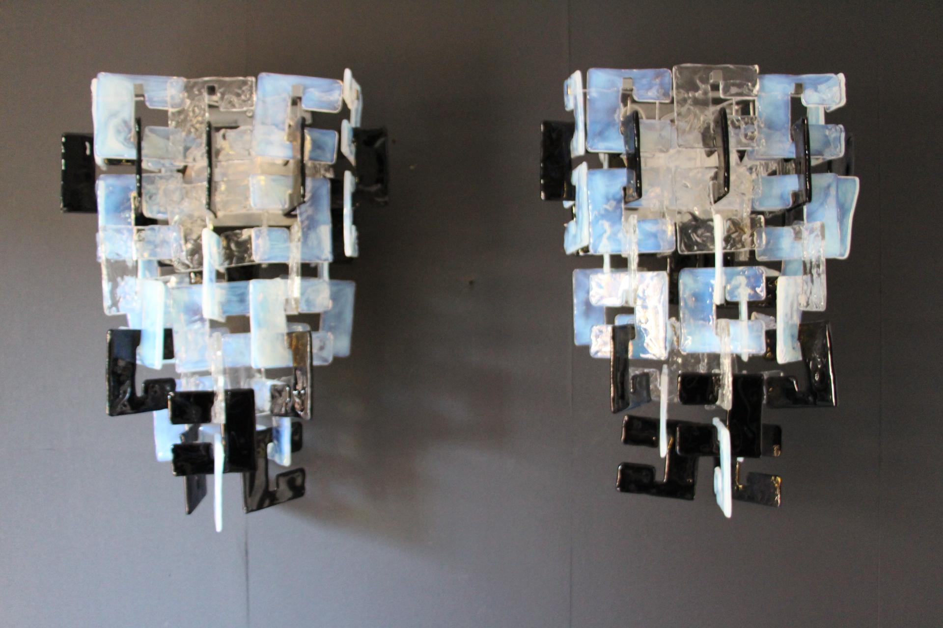 Murano Glass Mazzega Long Interlocking Sconces in Opalescent, Crystal and black Glass For Sale
