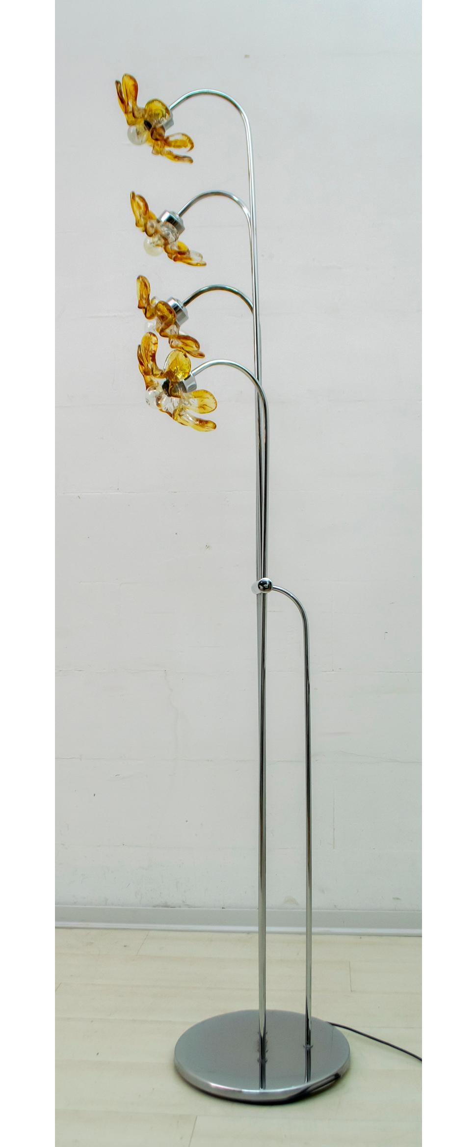 Murano Glass Mazzega Mid-Century Modern Italian Chrome and Murano Flowers Floor Lamp, 1970s