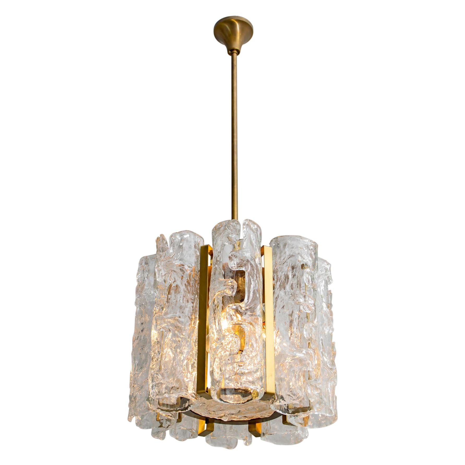 Mazzega Mid-Century Modern Italian Murano Glass and Brass Chandelier, 1970s