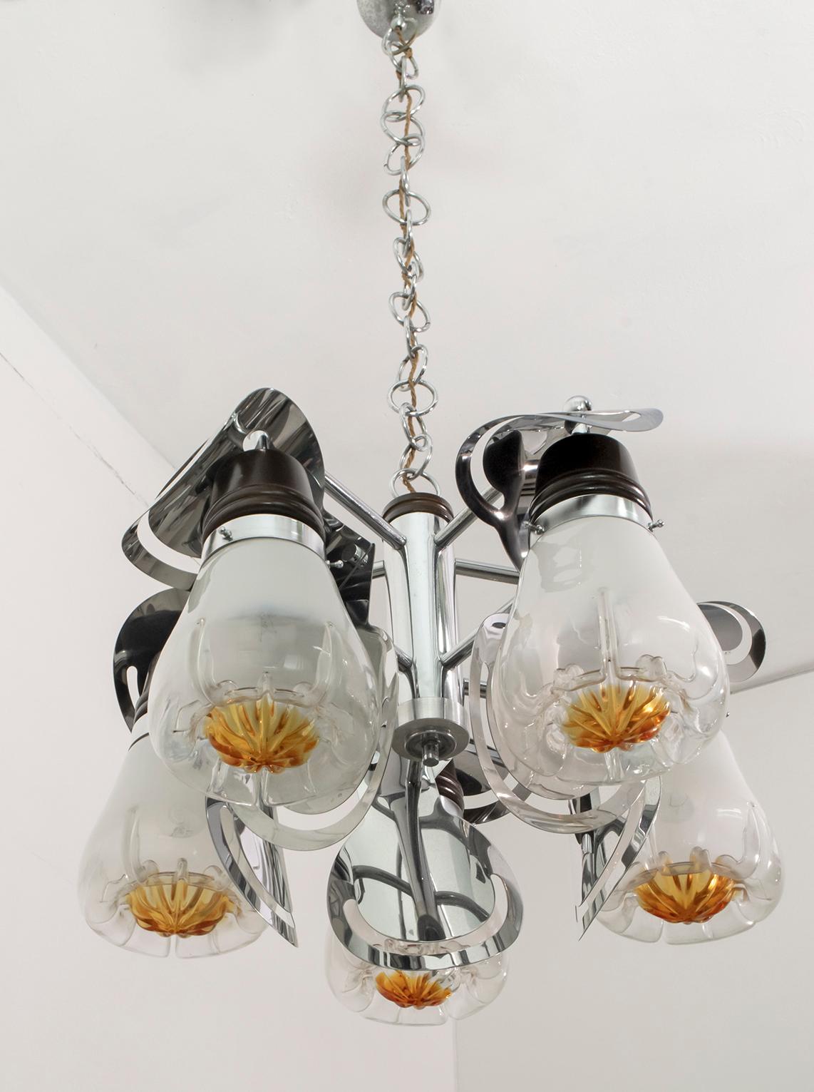 Mazzega Mid-Century Modern Italian Murano Glass and Steel Chandelier, 1970s For Sale 9