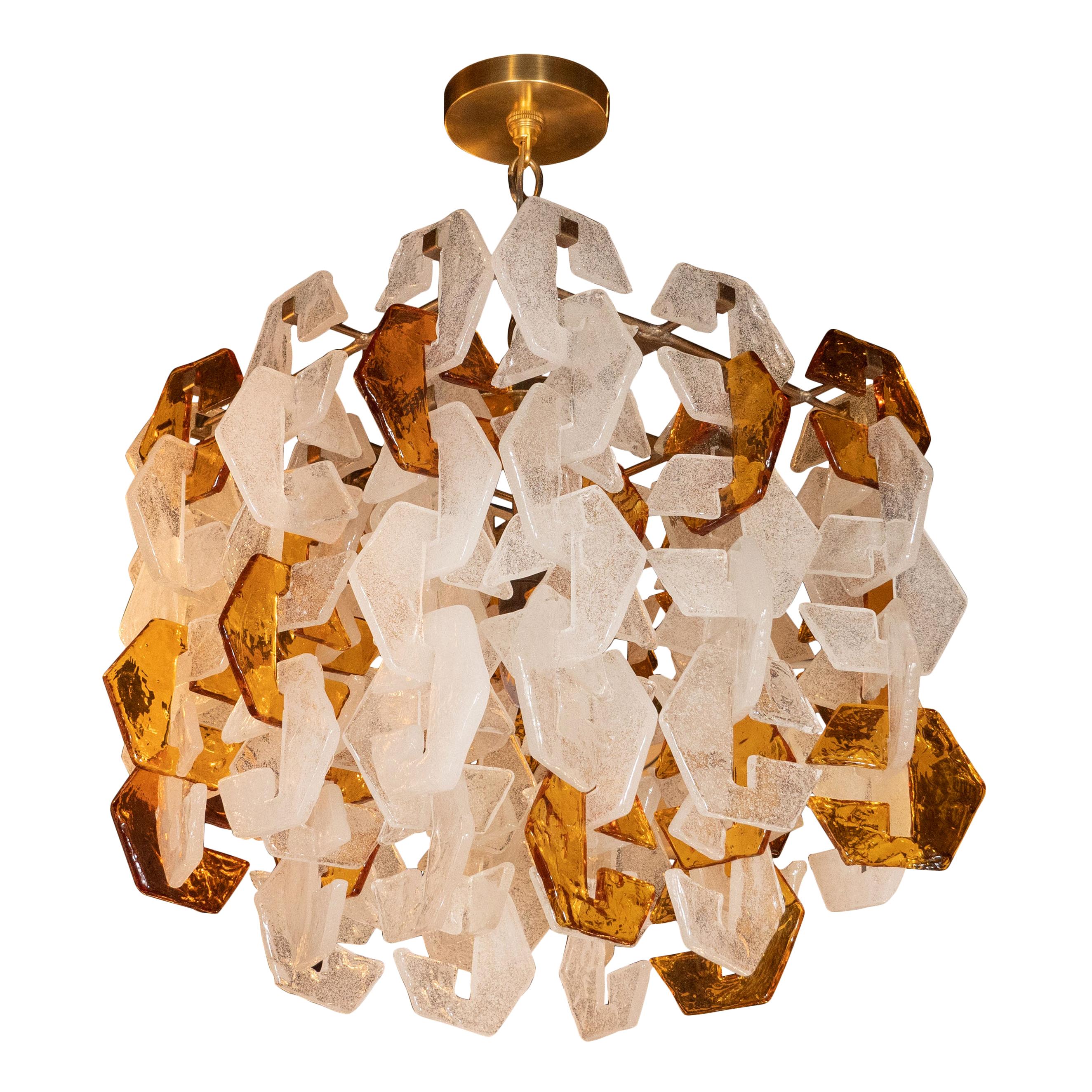 Mazzega Mid-Century Modern Murano Interlocking Amber and White Glass Chandelier