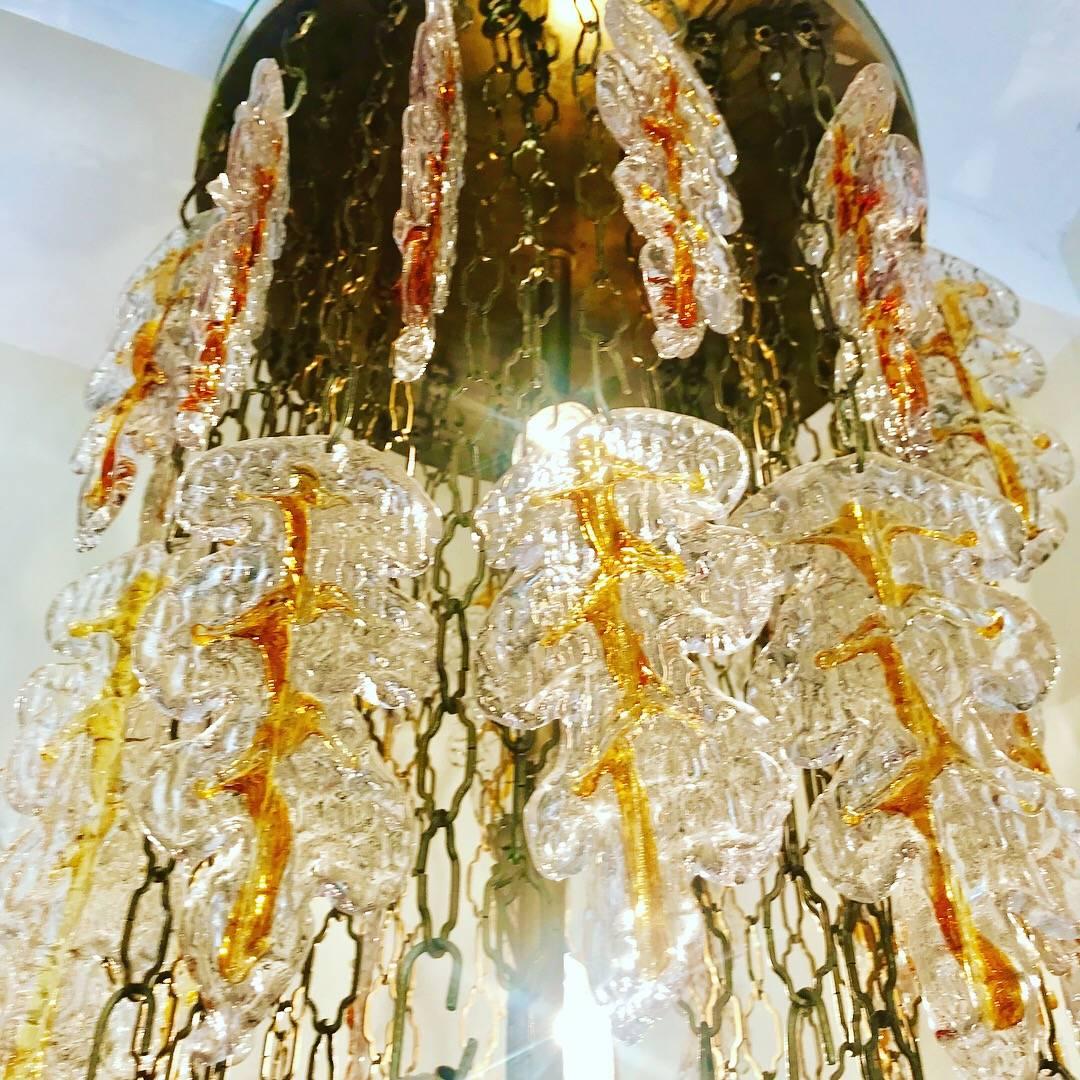 Huge and long 160 cm Cascade pendant ceiling or pendant light in orange Murano glass by the manufacturer Mazzega. Unique model by the size of the glass (20 centimeters), the model form and the color. Mazzega is a famous maker of Murano like VeArt,