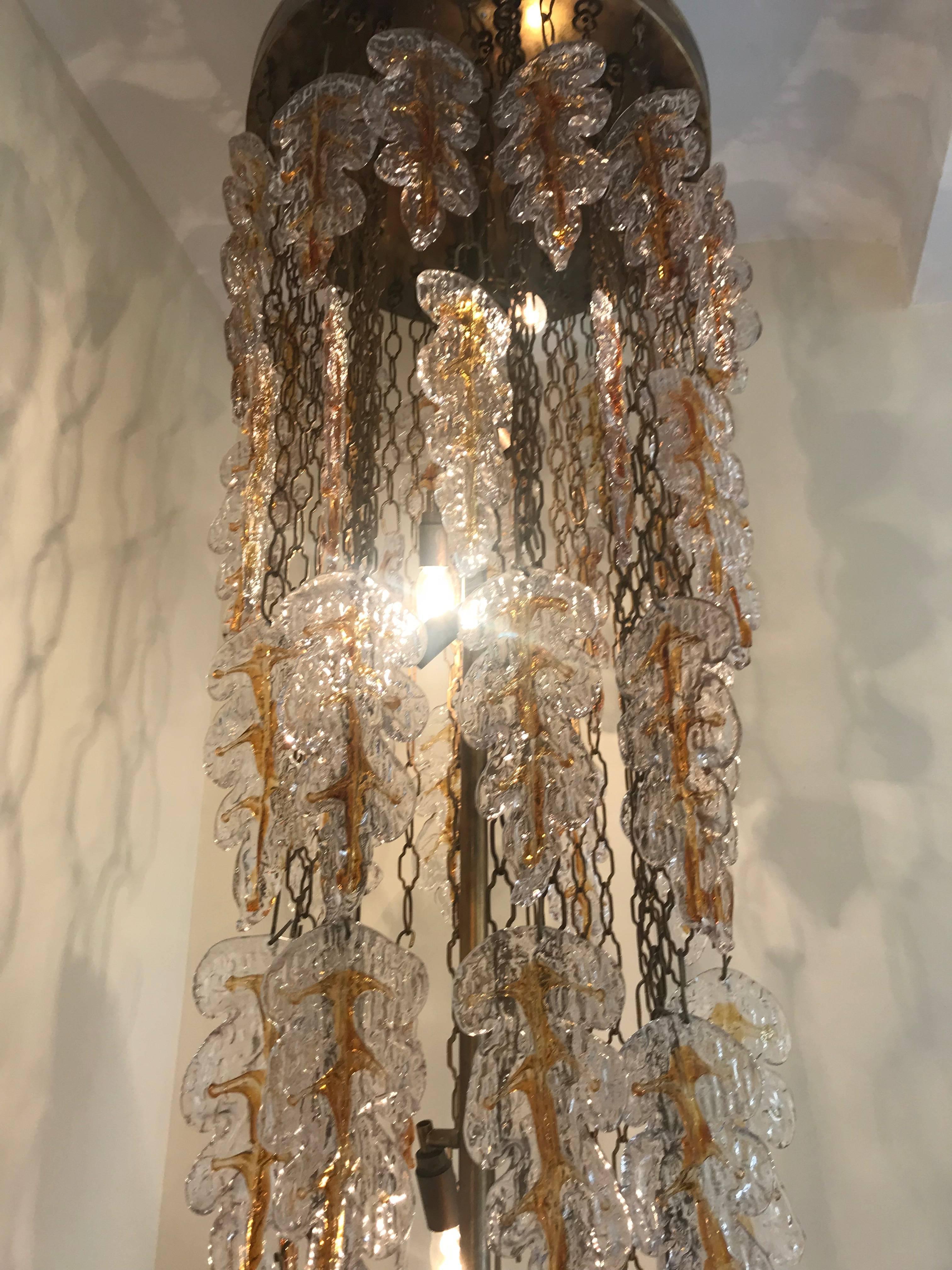 Murano Glass Mazzega mid-century Pendant Glass Sculpture hamber murano Cascade 160 cm, 1960s For Sale