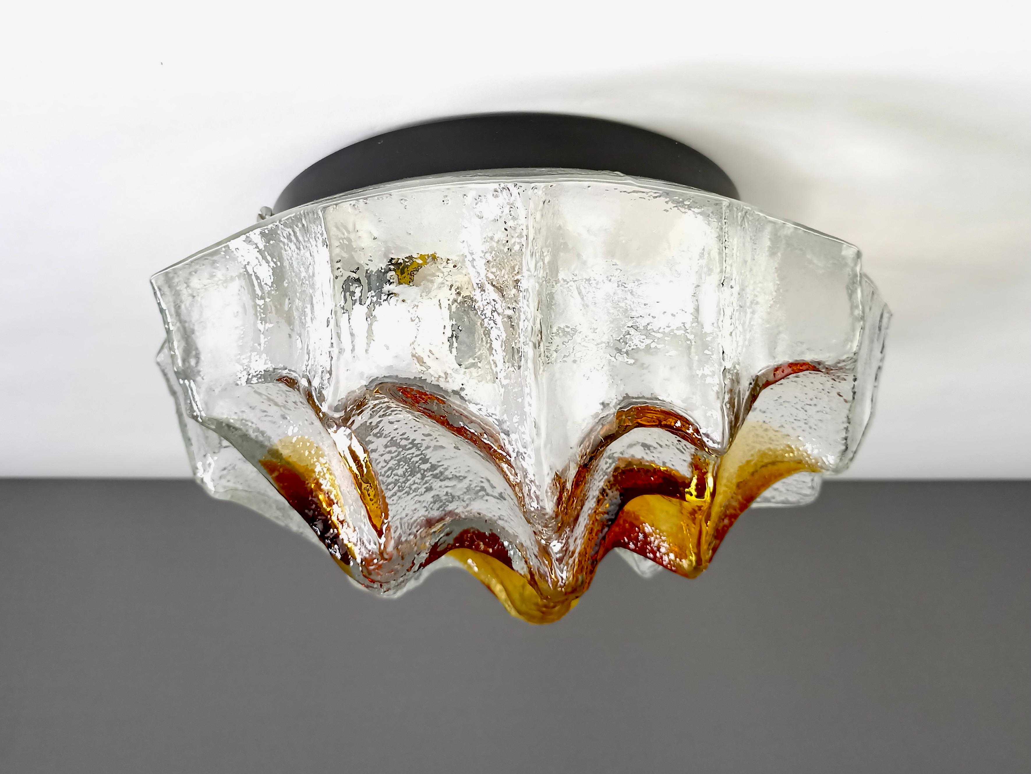 Space Age Mazzega Murano 1960s one-light flush-mount or wall lamp, clear and orange glass. For Sale