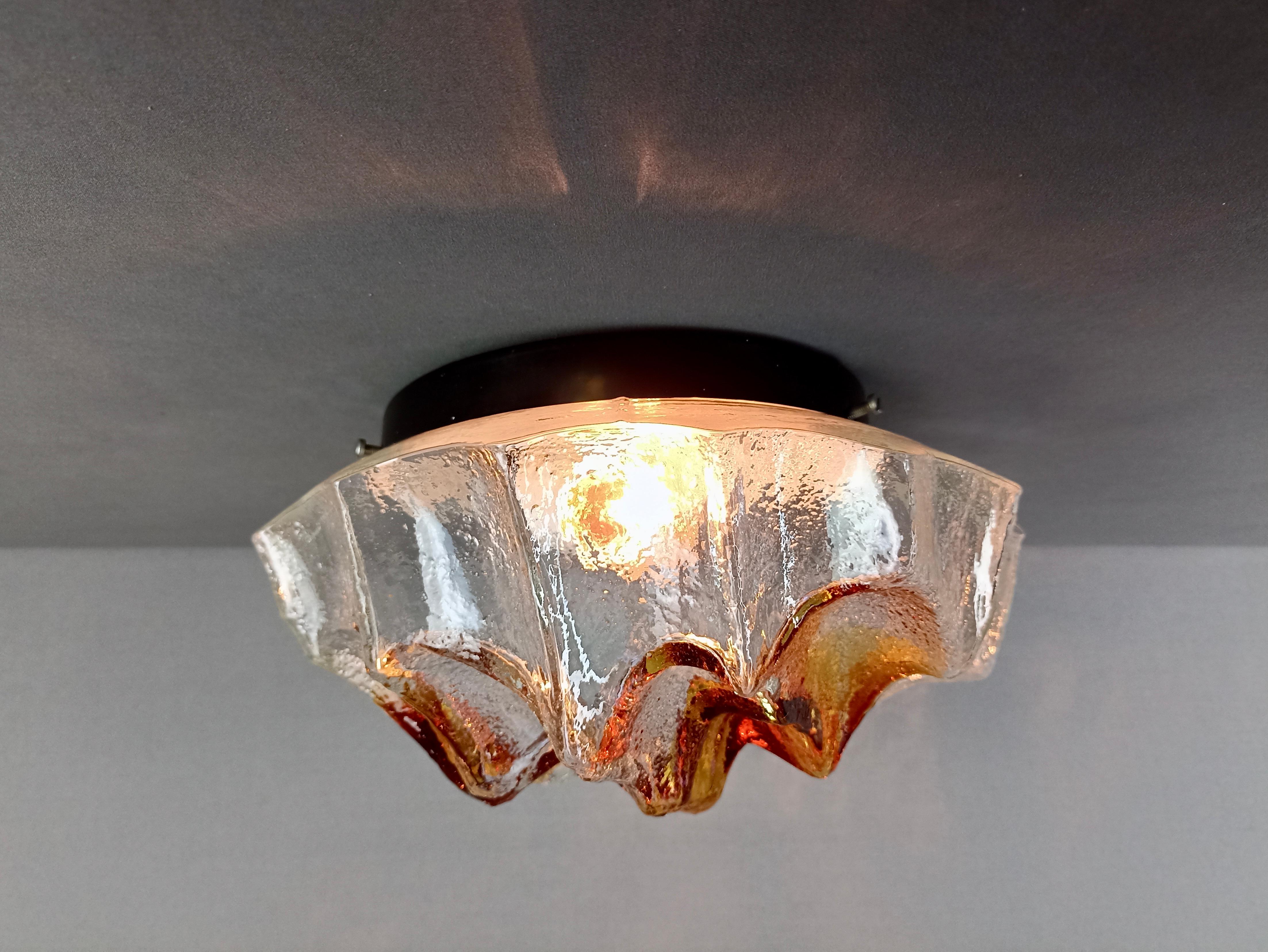 Mid-20th Century Mazzega Murano 1960s one-light flush-mount or wall lamp, clear and orange glass. For Sale