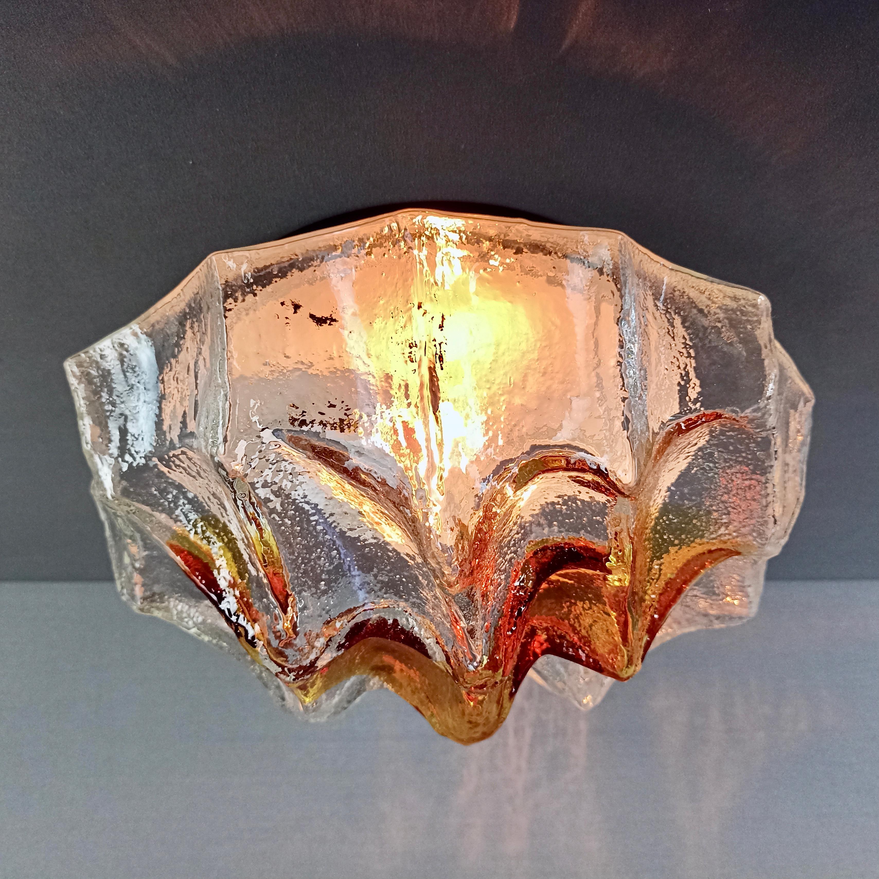 Metal Mazzega Murano 1960s one-light flush-mount or wall lamp, clear and orange glass. For Sale
