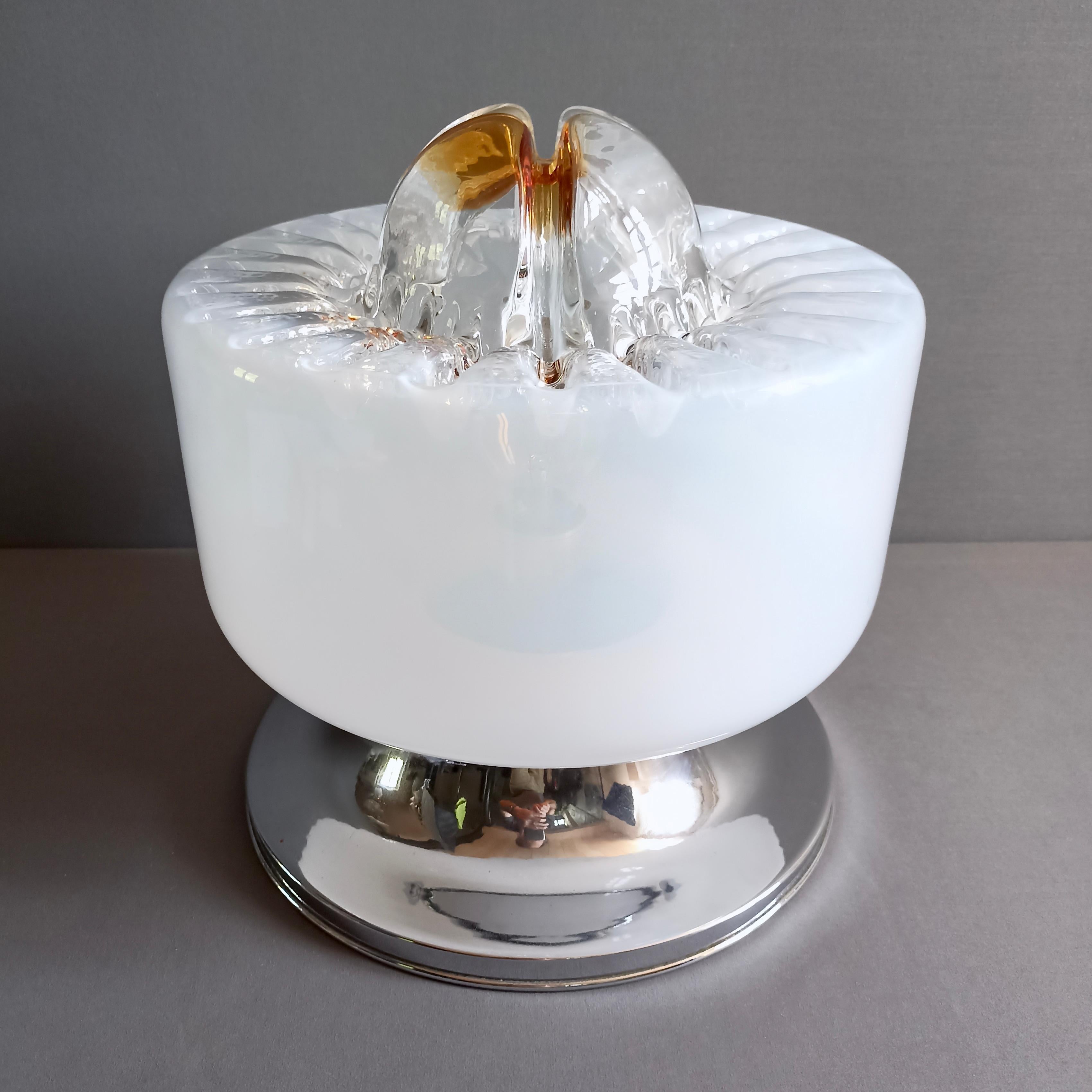 Mid-Century Modern 1970s Mazzega attributable Murano art glass and chrome one-light table lamp. For Sale