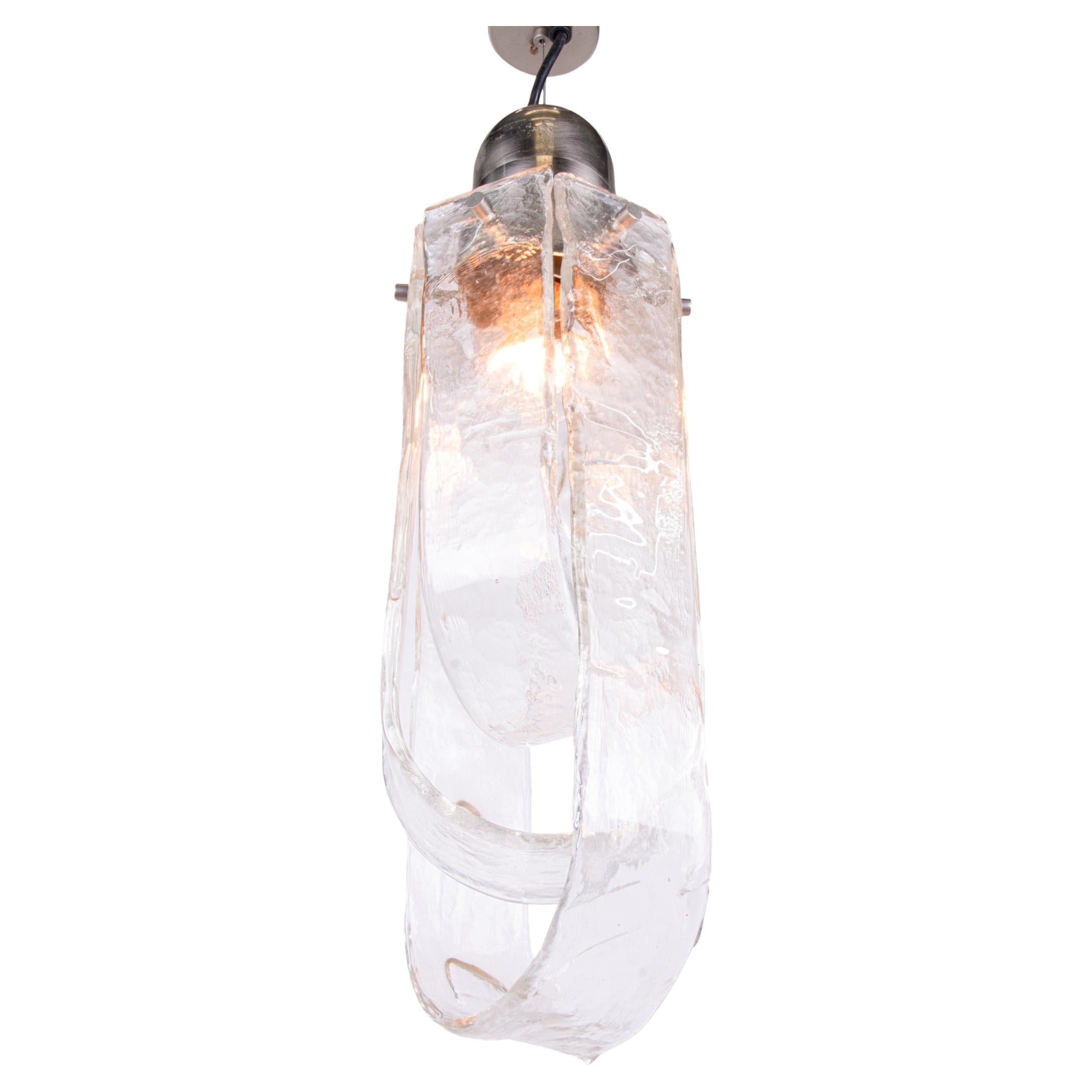 Mazzega Murano Pendant Chandelier Iced Glass & Chrome, Carlo Nason, Italy, 1960s