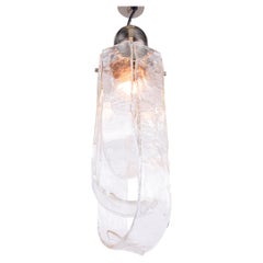Mazzega Murano Pendant Chandelier Iced Glass & Chrome, Carlo Nason, Italy, 1960s